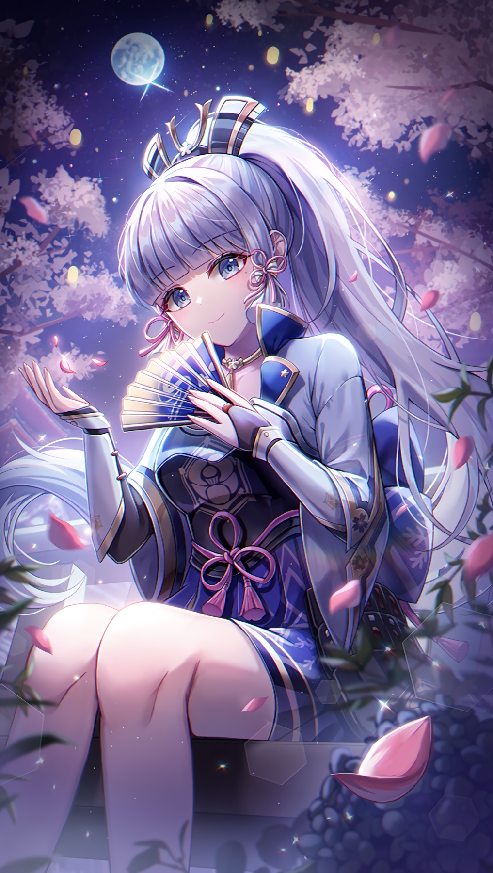Kamisato Ayaka with Moon and Petals HD Phone Wallpaper