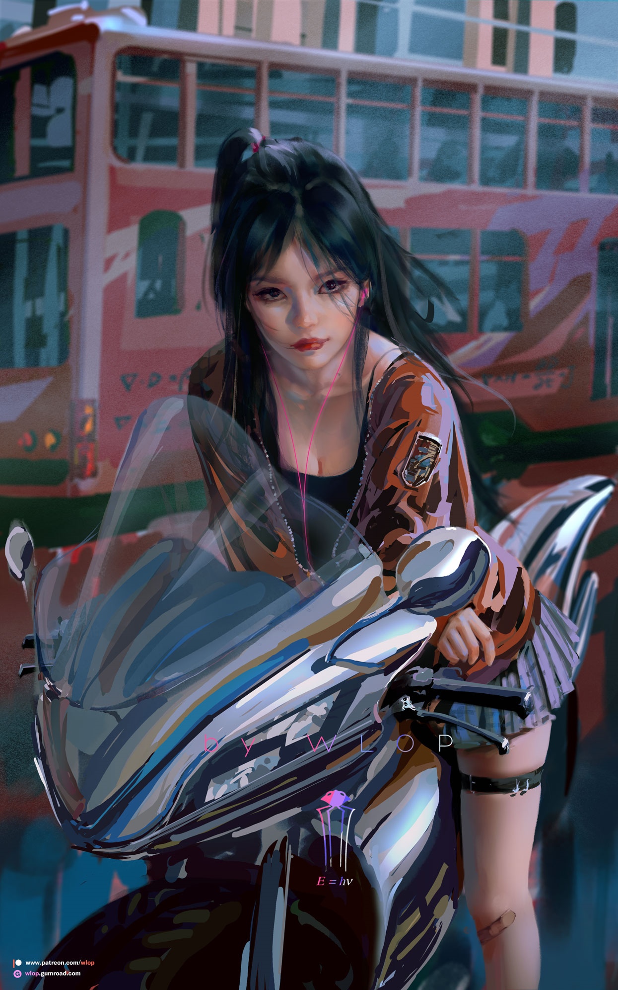 Woman on a motorcycle with a bus in the background HD Phone Wallpaper