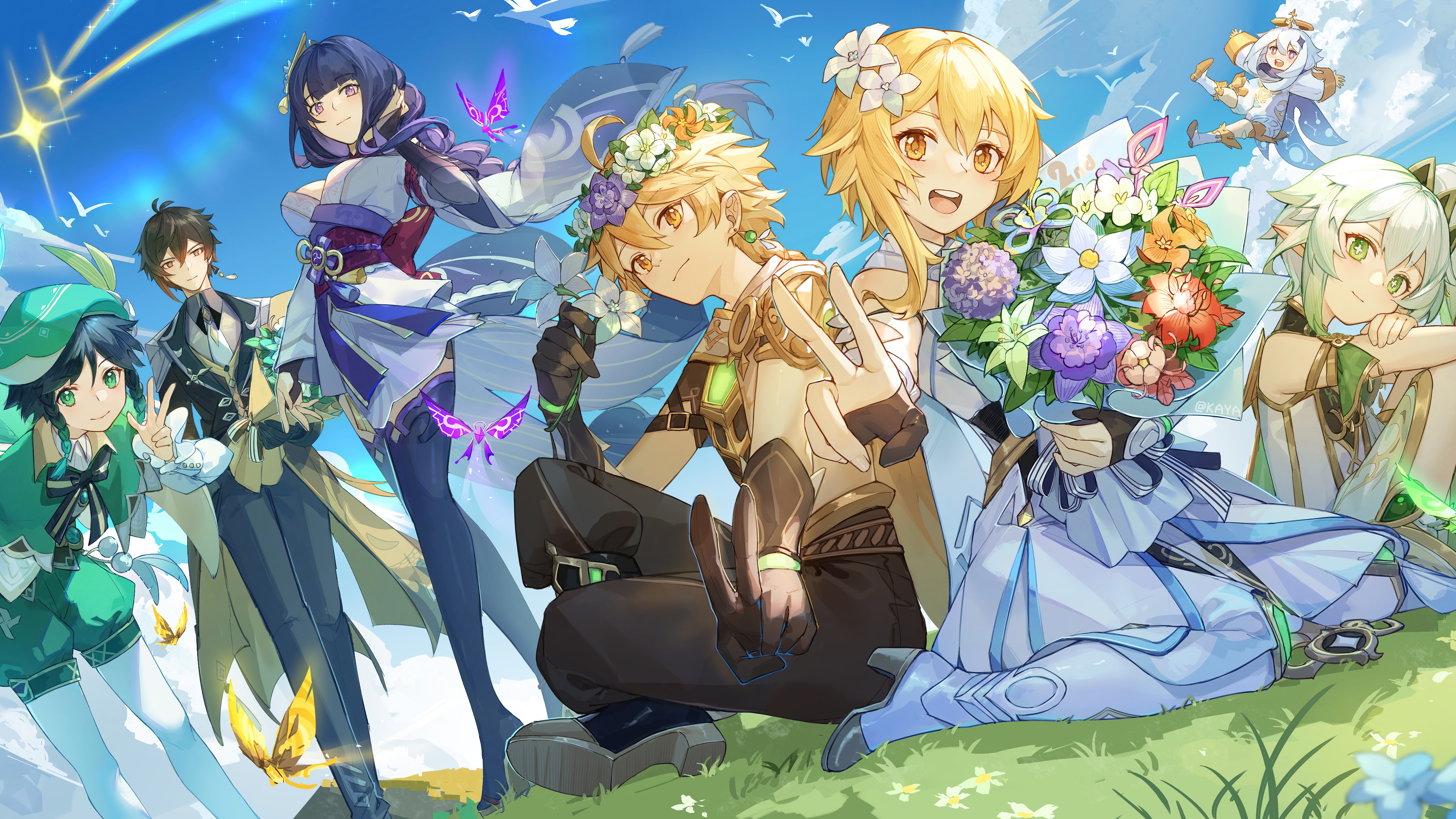 Genshin Impact characters Venti, Zhongli, Raiden Shogun, Aether, Lumine, Nahida, Paimon HD Wallpaper