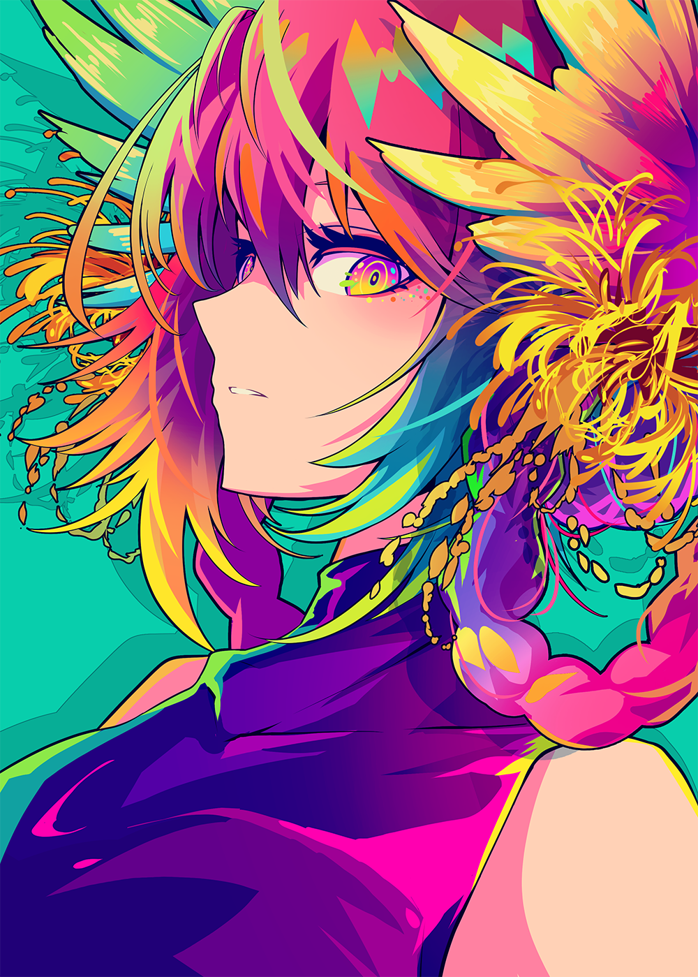 Anime girl with colorful gradient hair and floral accessories HD Phone Wallpaper