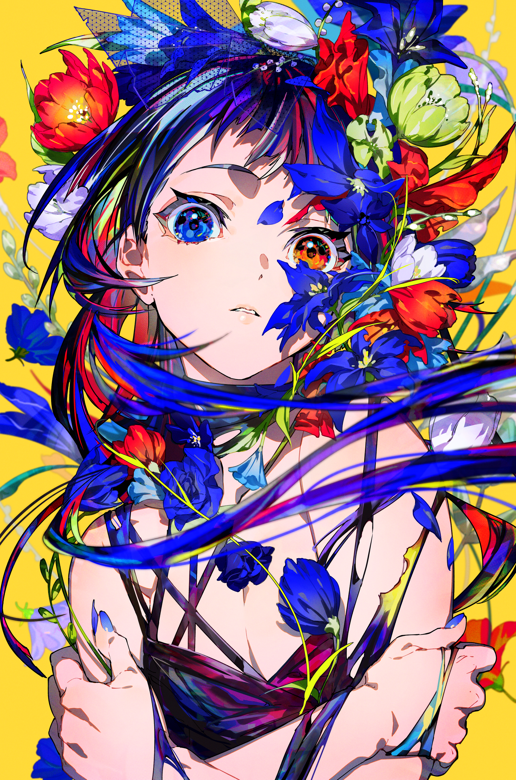 Mika Pikazo's colorful anime girl with heterochromia and flowers HD Phone Wallpaper