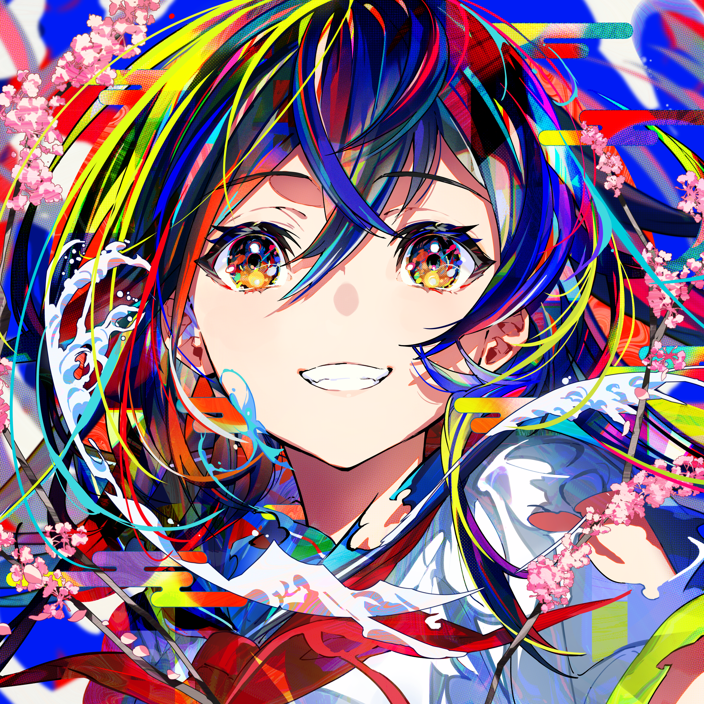 Anime girl with colorful hair and cherry blossoms HD Wallpaper