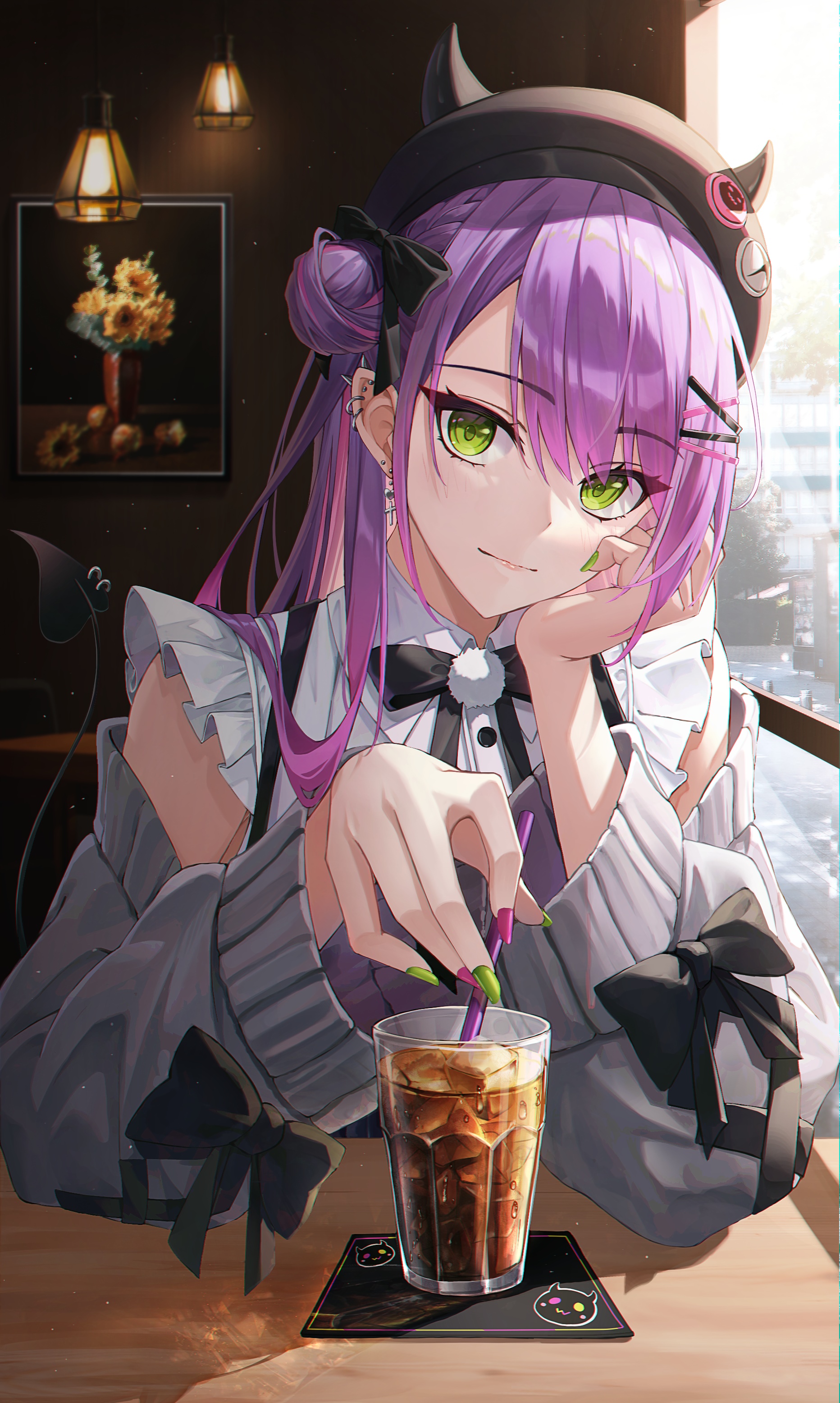 Tokoyami Towa with a drink at a cafe HD Phone Wallpaper