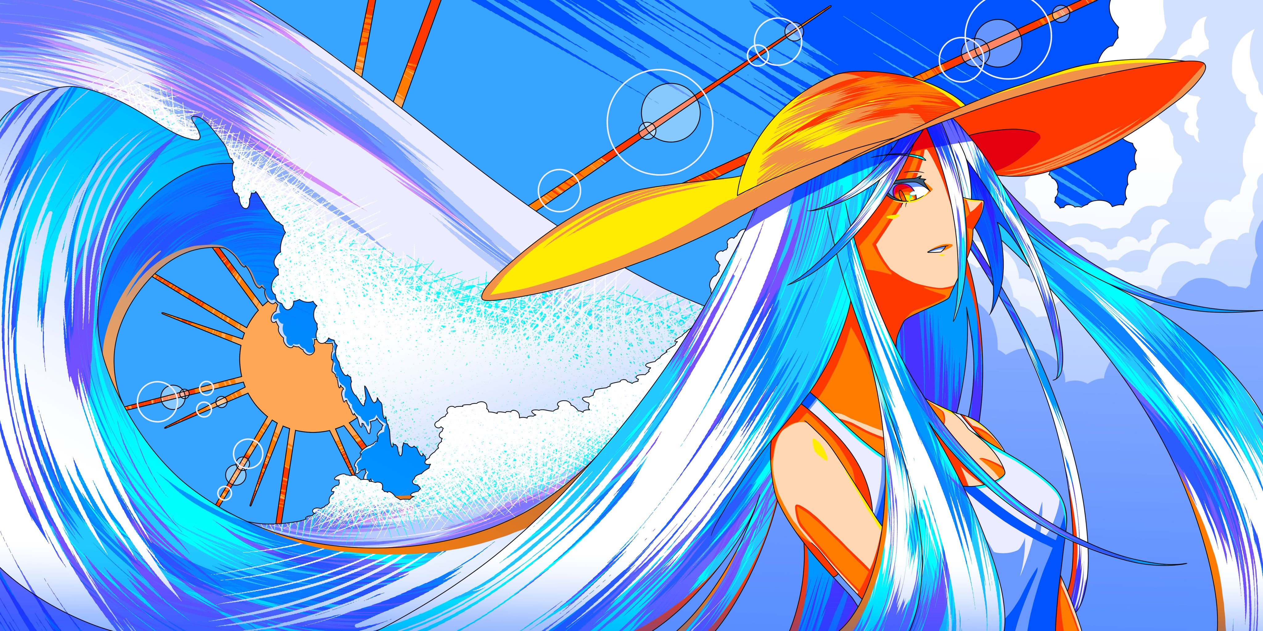 4K anime girl with blue hair and hat HD Wallpaper