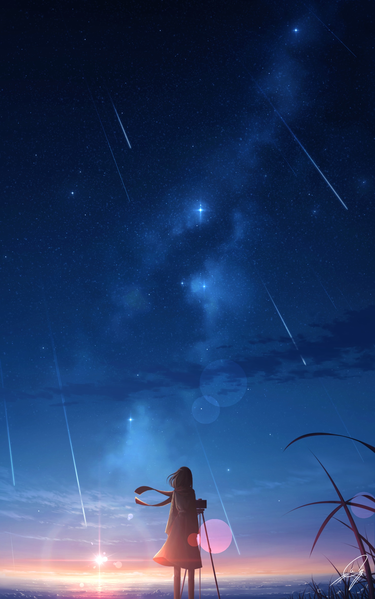 Girl with camera watching shooting stars at sunset HD Phone Wallpaper