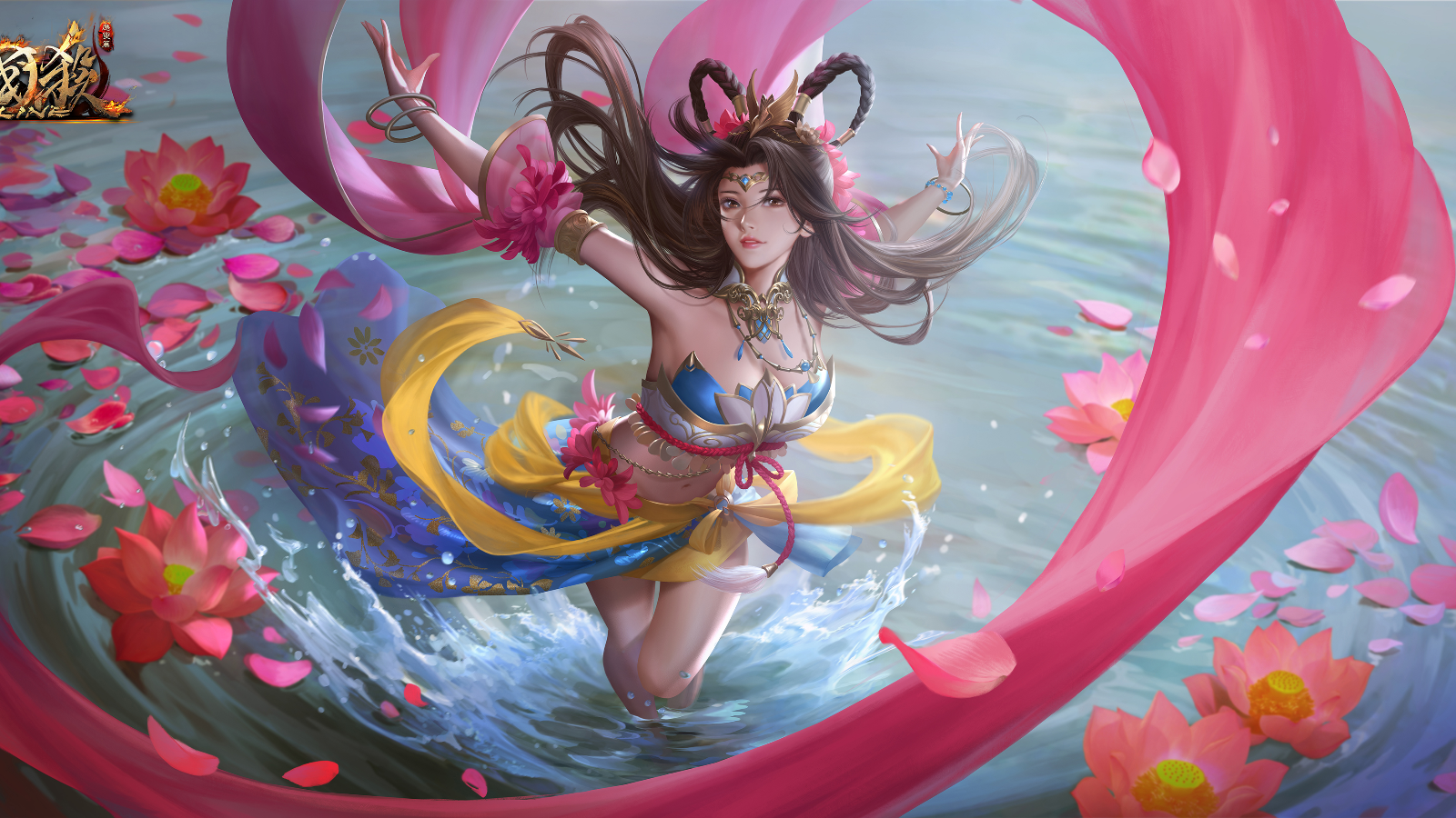 Woman in traditional Chinese attire dancing in water with lotuses HD Wallpaper