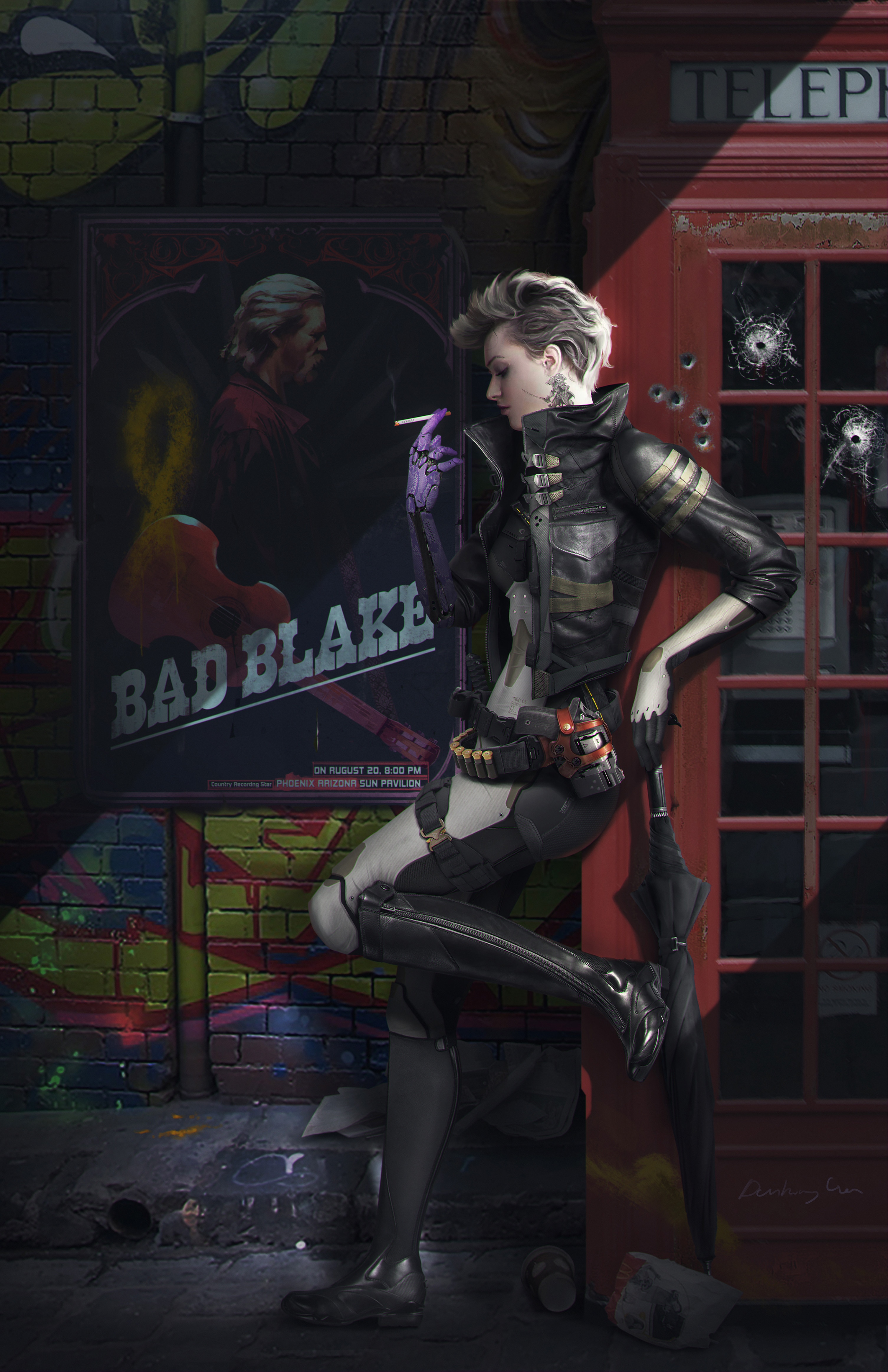 Bad Blake poster with a woman smoking by a phone box HD Phone Wallpaper