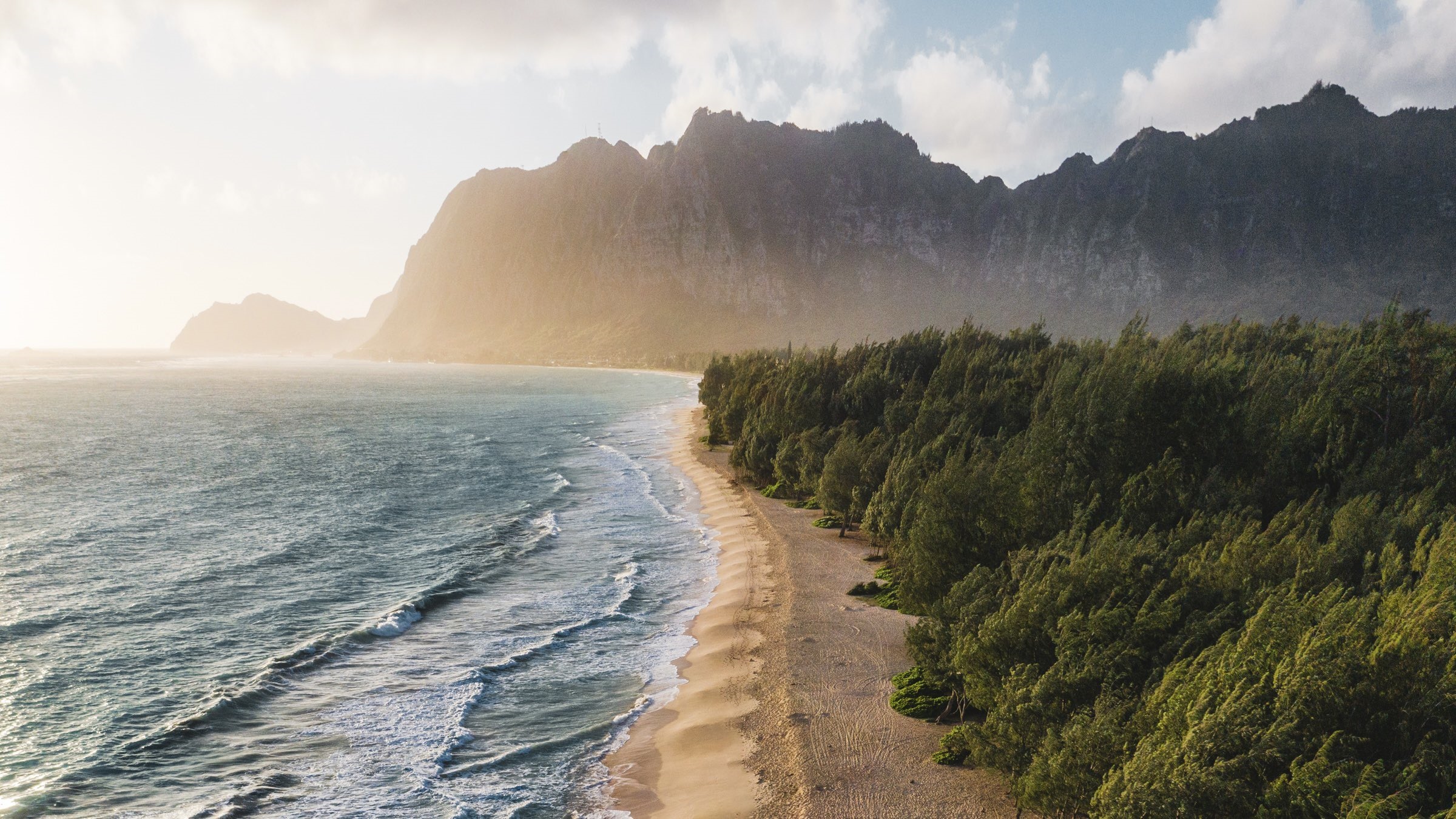 Beach with mountains and trees at sunset HD Wallpaper