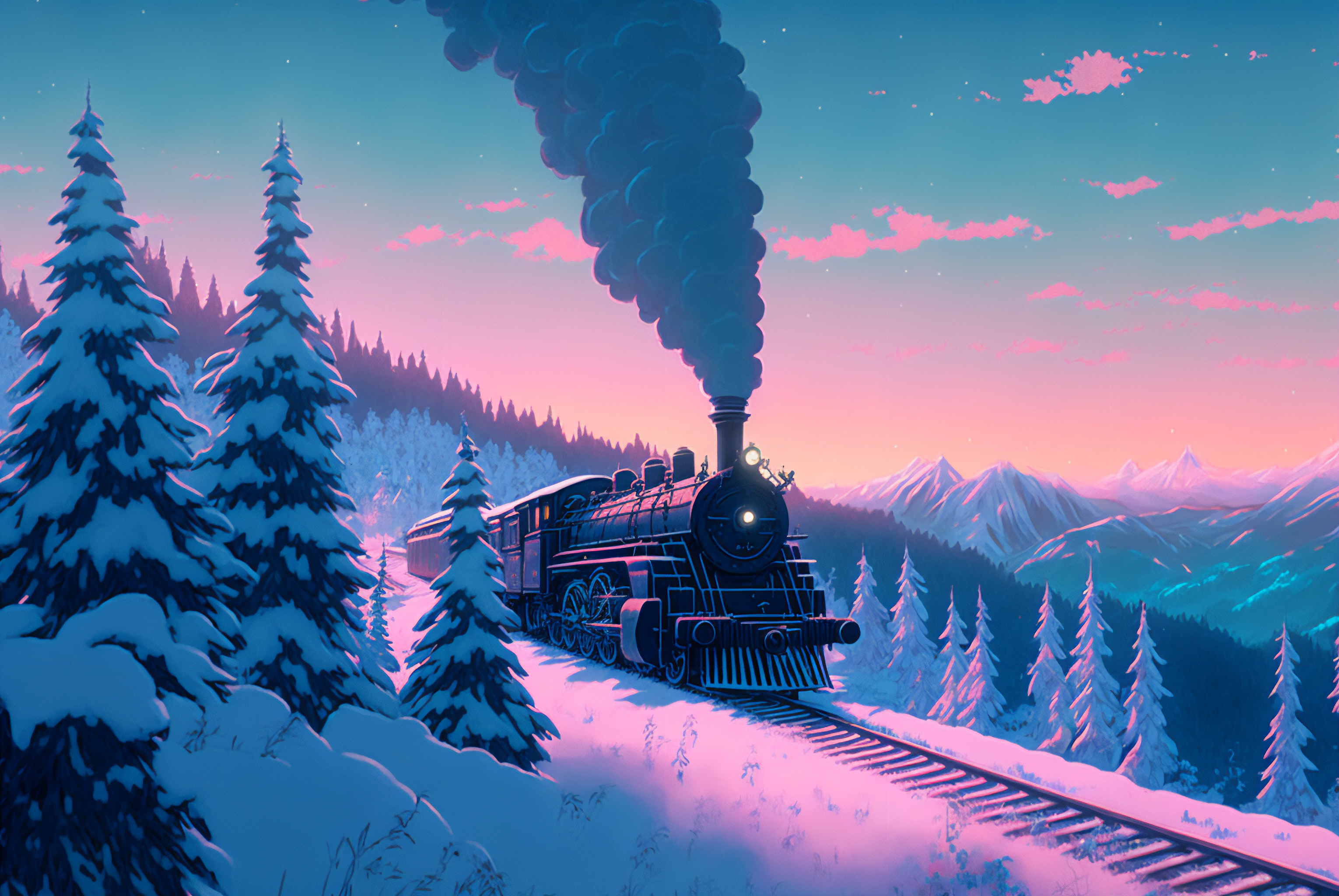 Steam train traveling through a snowy mountain landscape at sunset HD Wallpaper