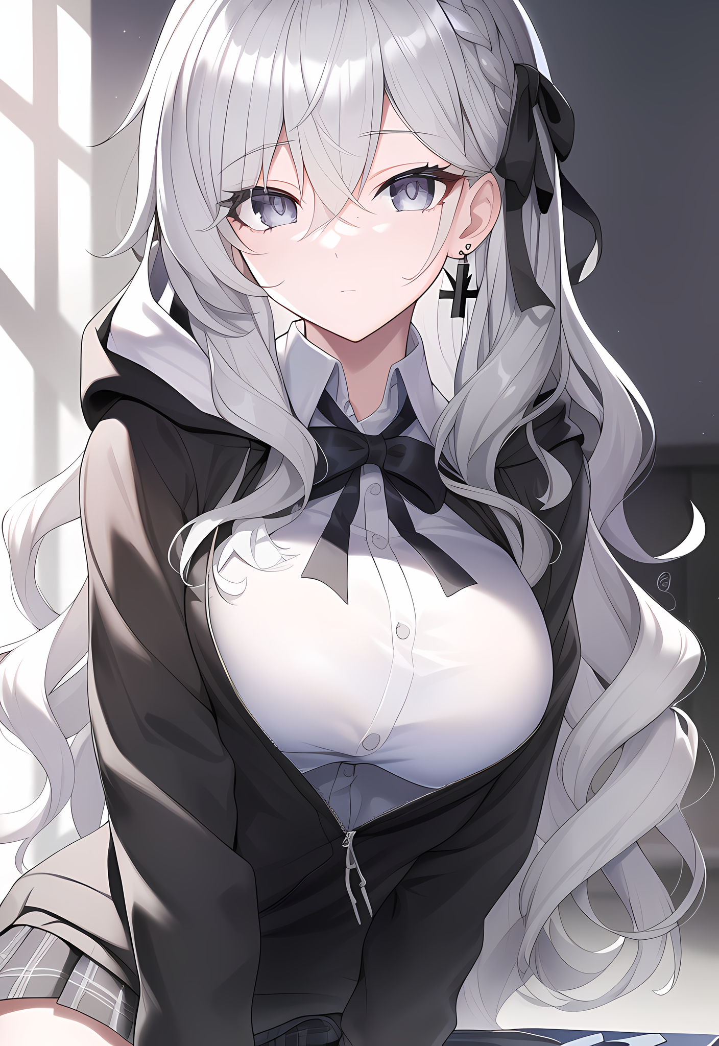 Anime girl with silver hair and cross earring HD Phone Wallpaper
