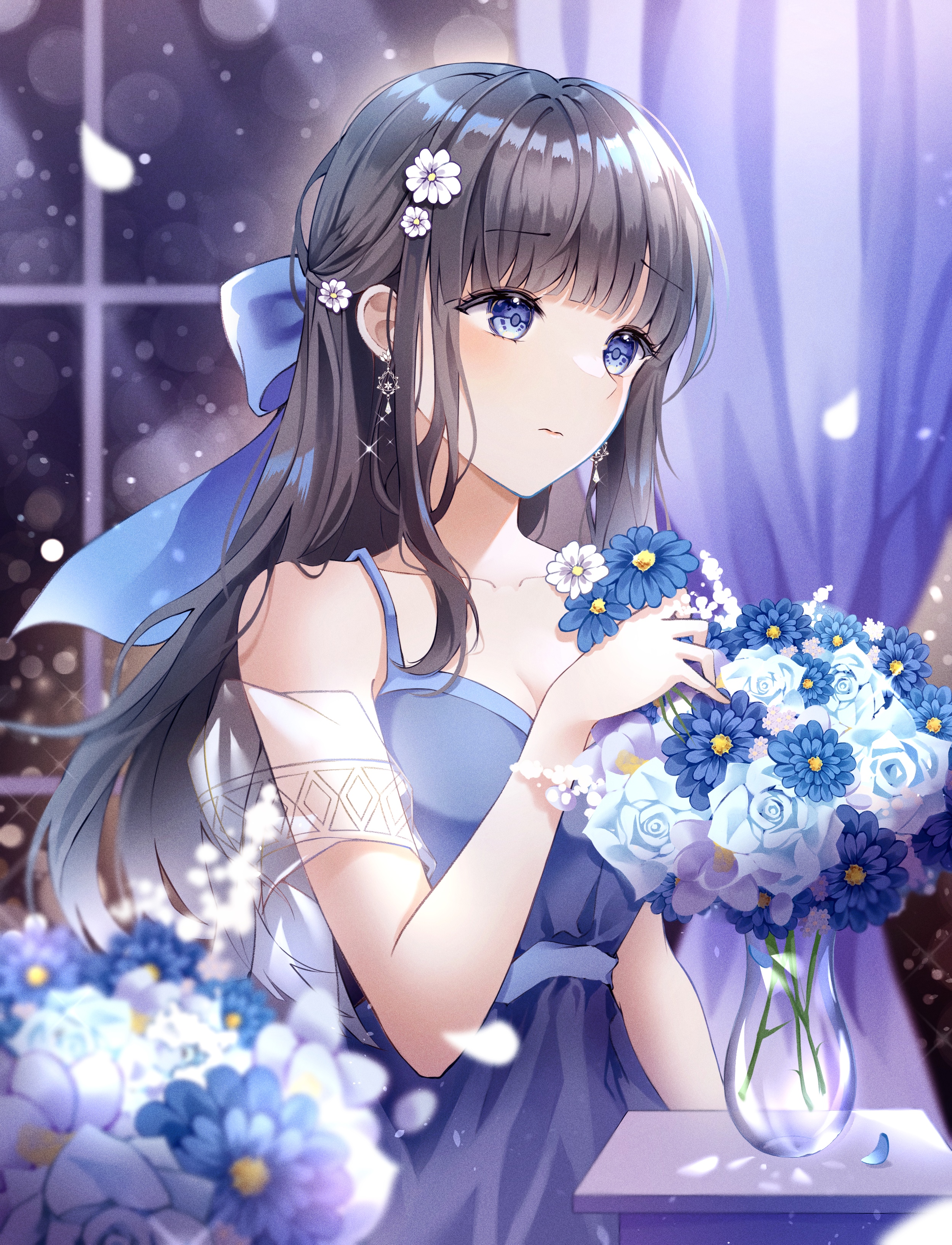 Anime girl with blue flowers in a blue dress HD Phone Wallpaper