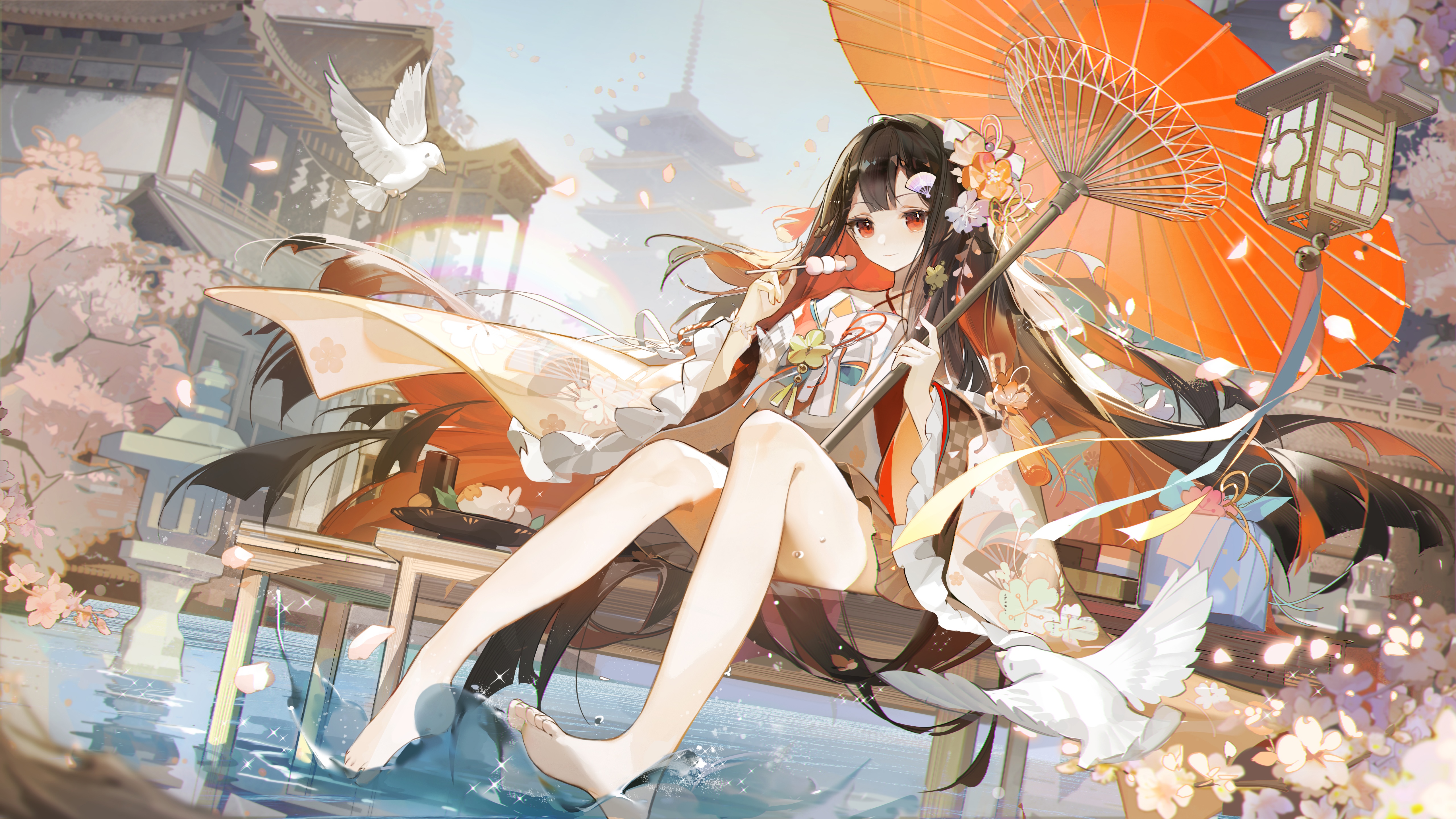 4K anime girl with umbrella and birds HD Wallpaper