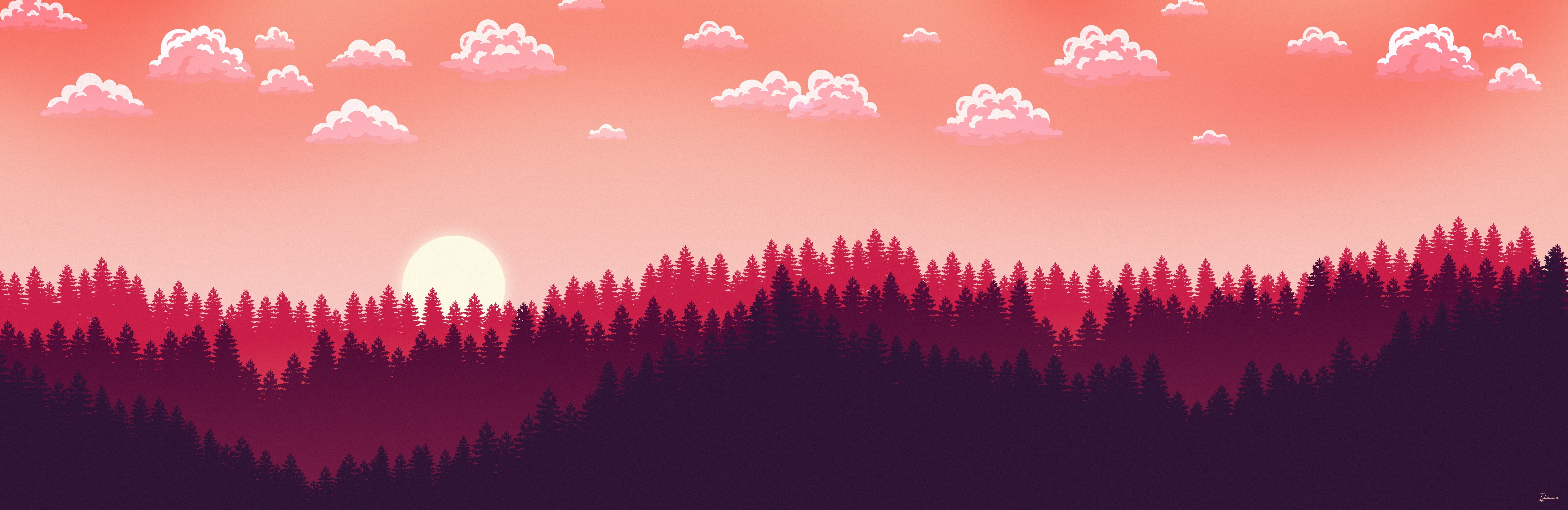 4K Sunset Over Forest Landscape with Clouds HD Wallpaper
