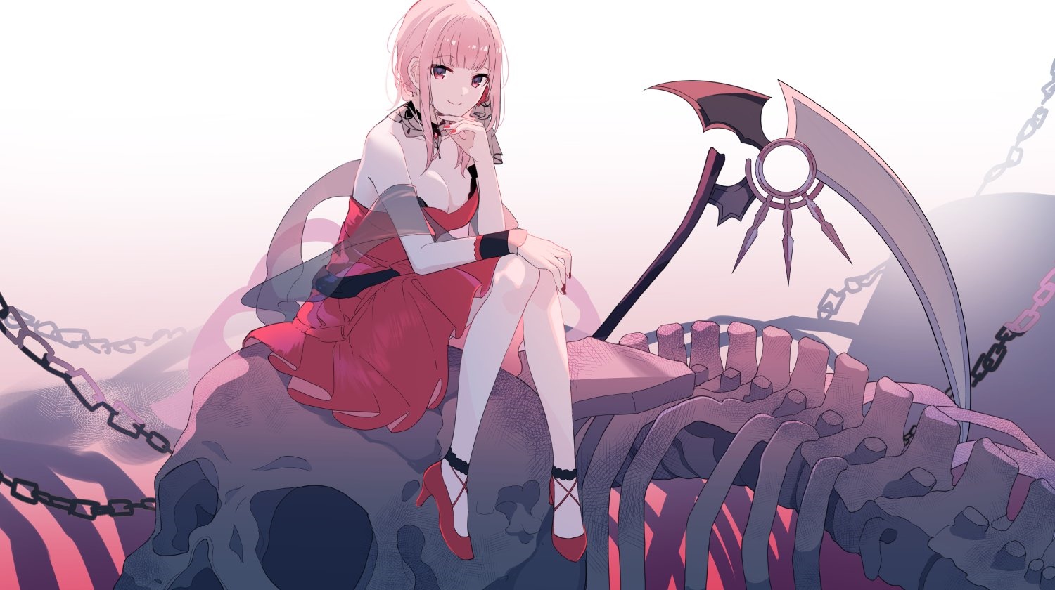 Mori Calliope sits on a skeleton with a scythe HD Wallpaper