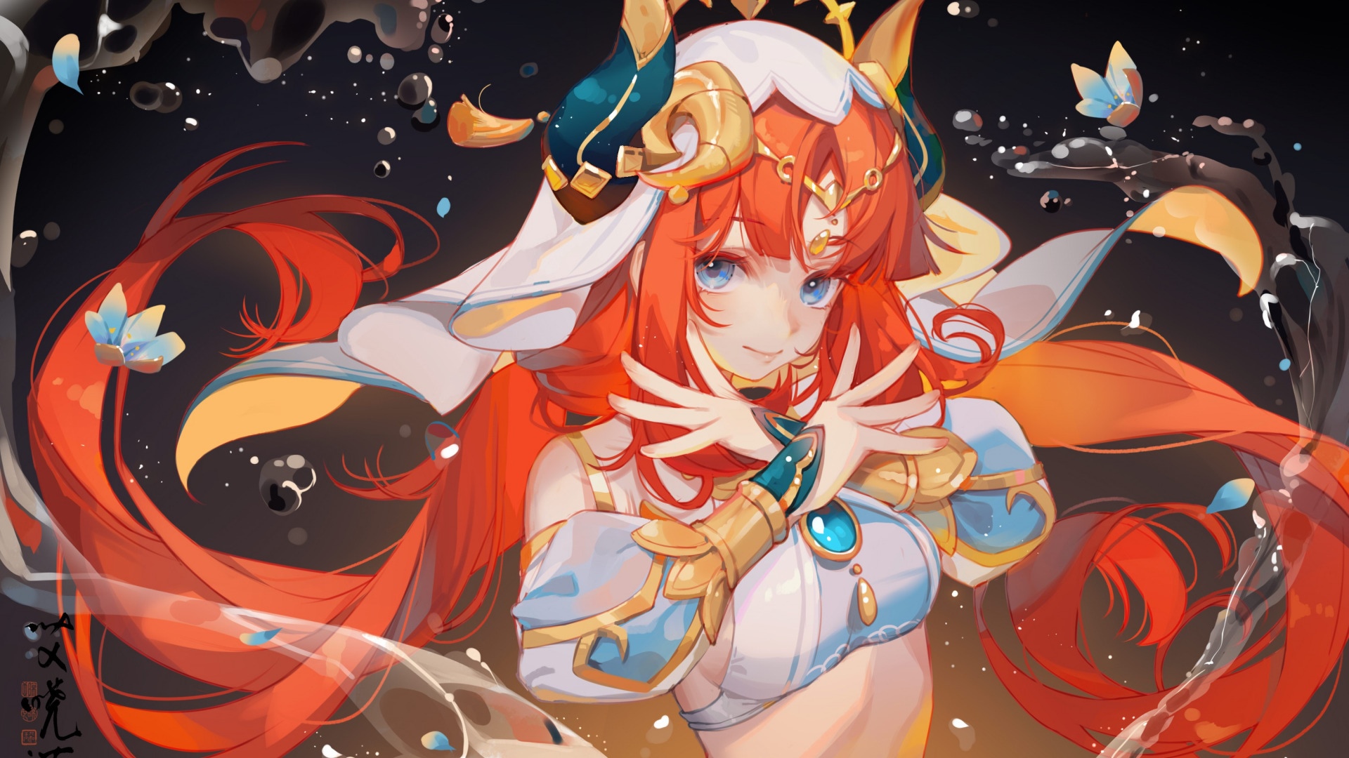 Nilou from Genshin Impact with flowing red hair HD Wallpaper