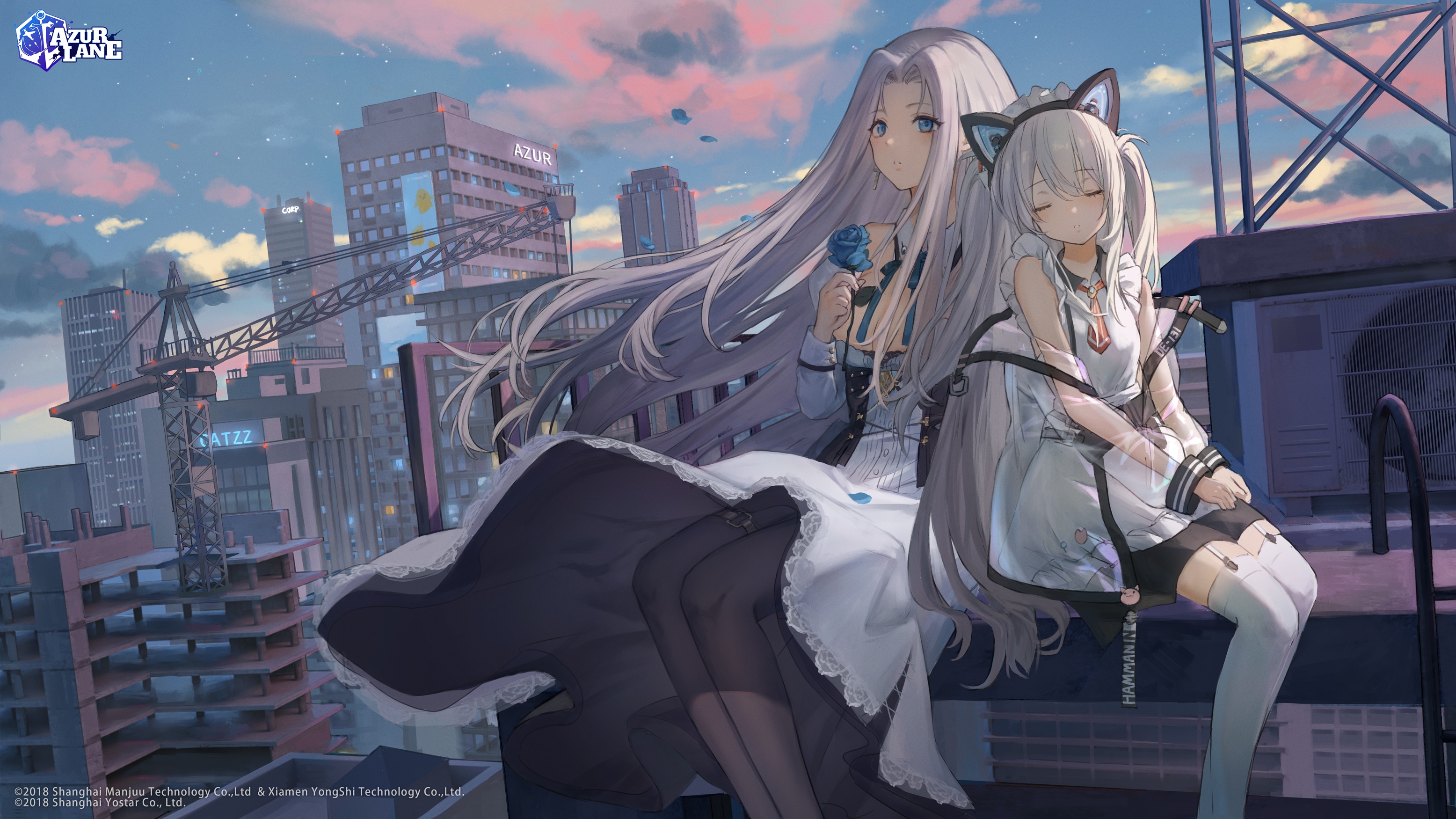Azur Lane Yorktown and Hammann on a Rooftop HD Wallpaper