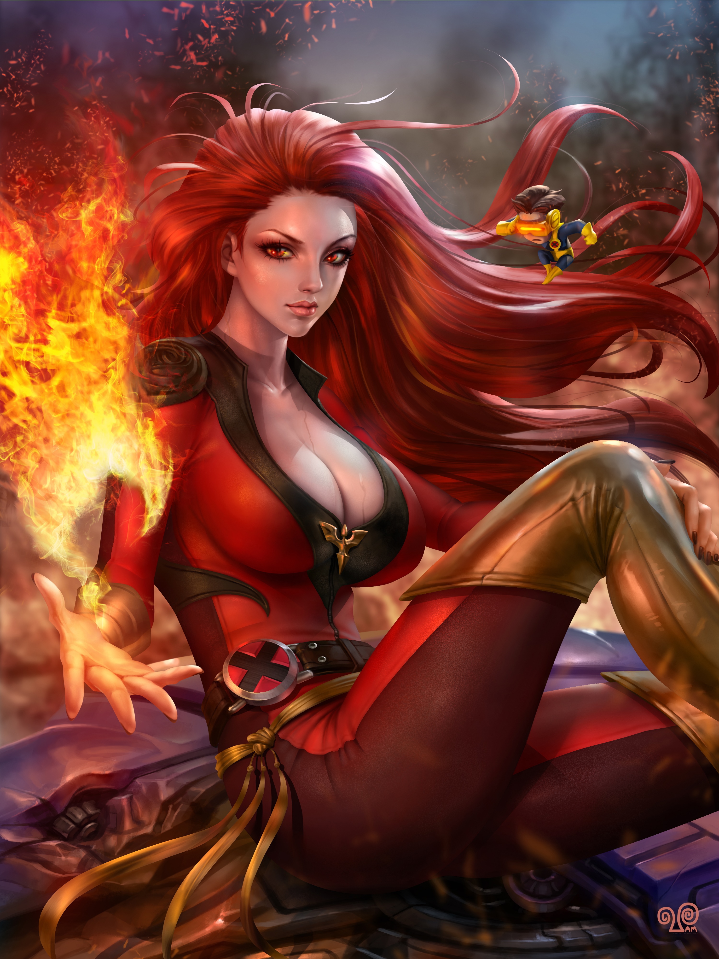 Jean Grey from X-Men surrounded by fire HD Phone Wallpaper