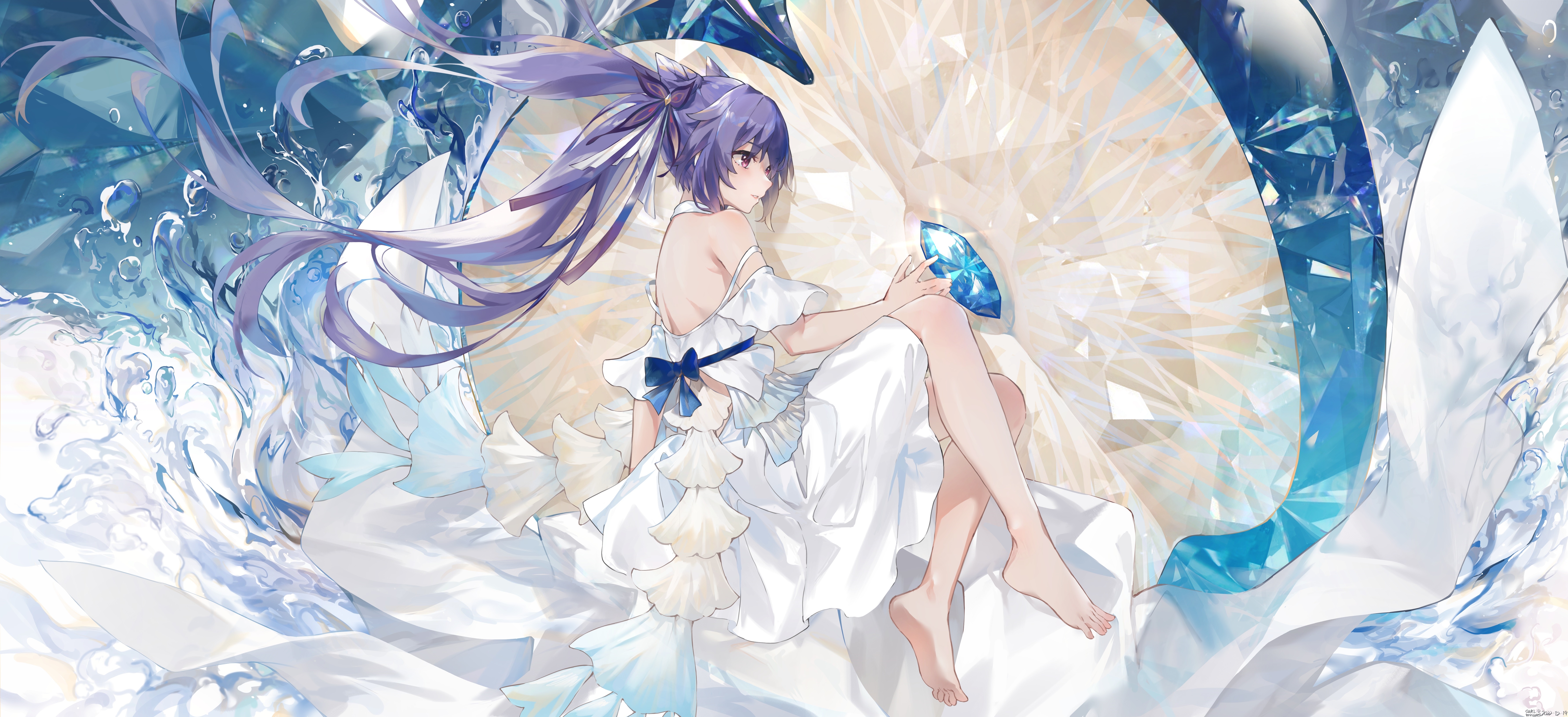 Keqing in a white dress with a blue gem HD Wallpaper