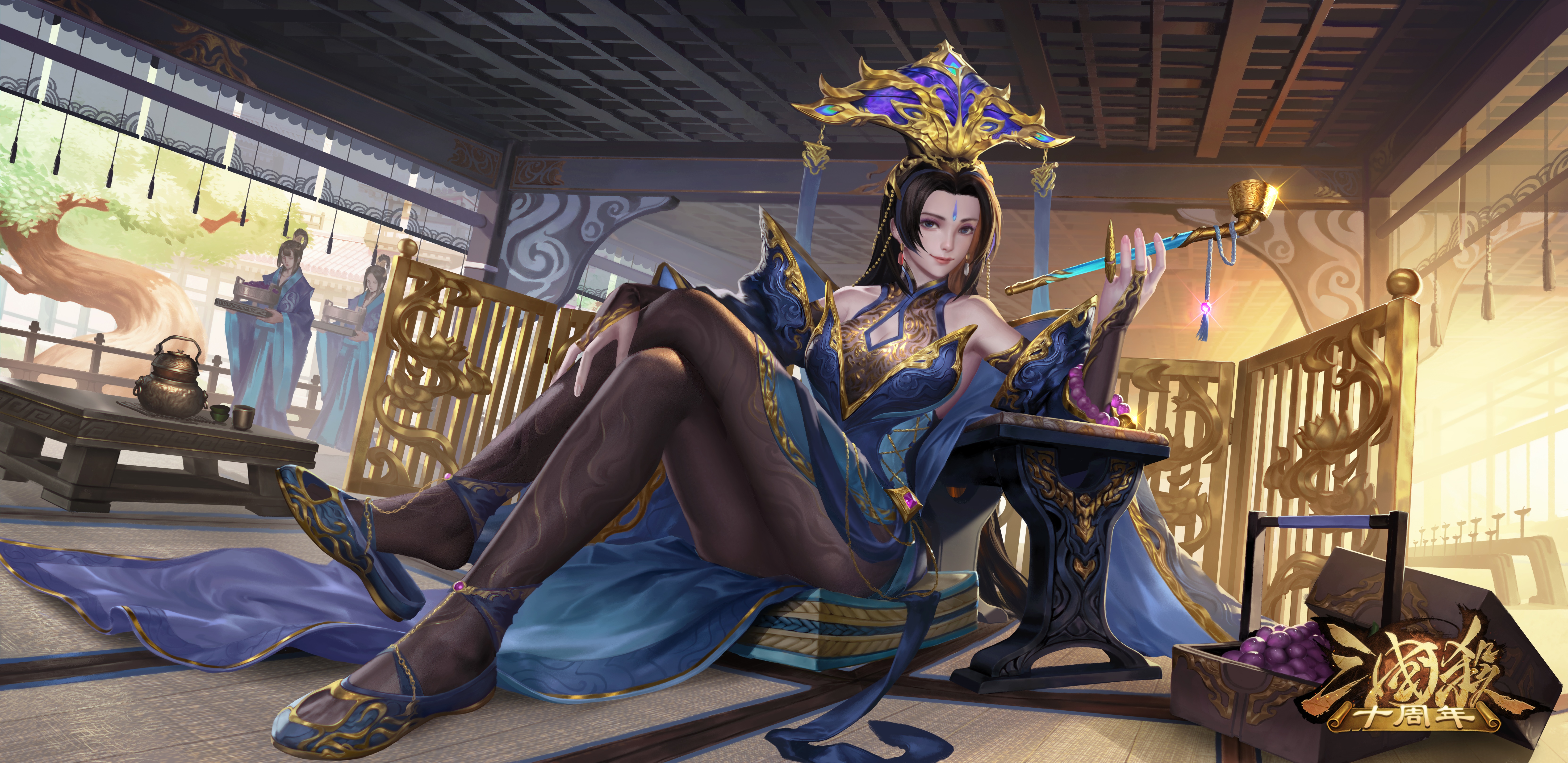 Video game art of a woman in a blue dress HD Wallpaper