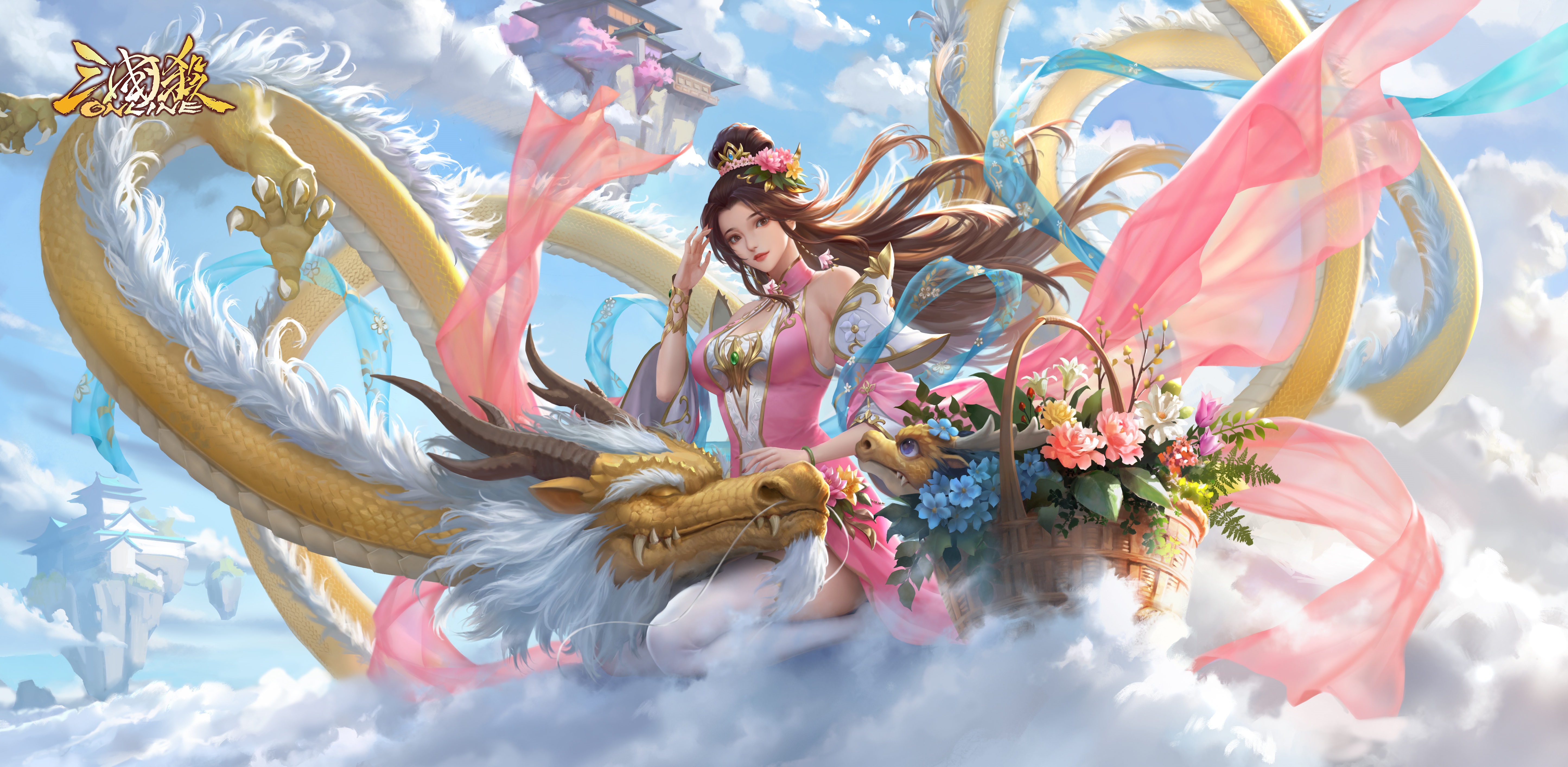 4K Chinese Dragon and Woman with Flowers HD Wallpaper