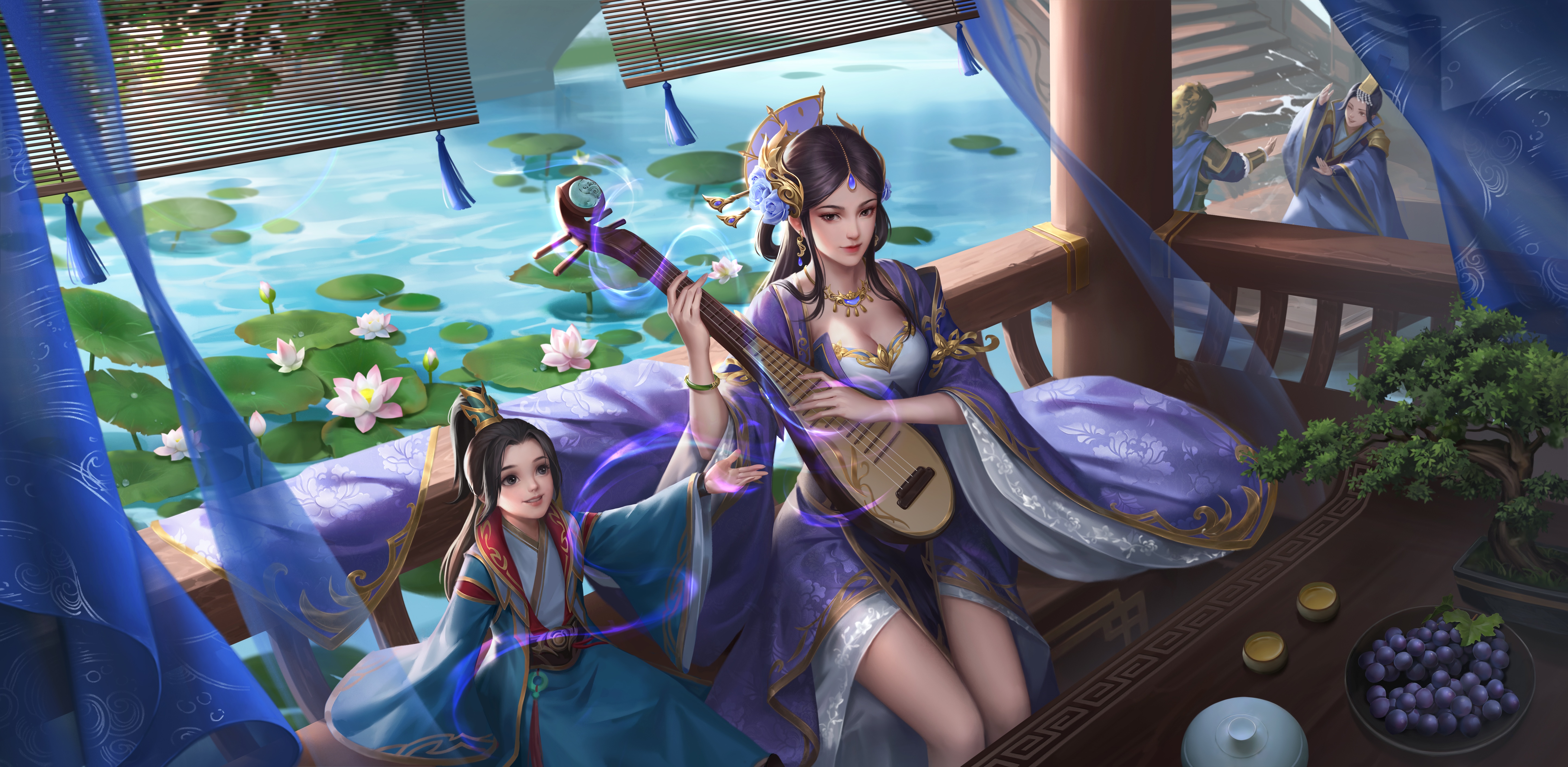 4K: Women playing music by water lilies HD Wallpaper