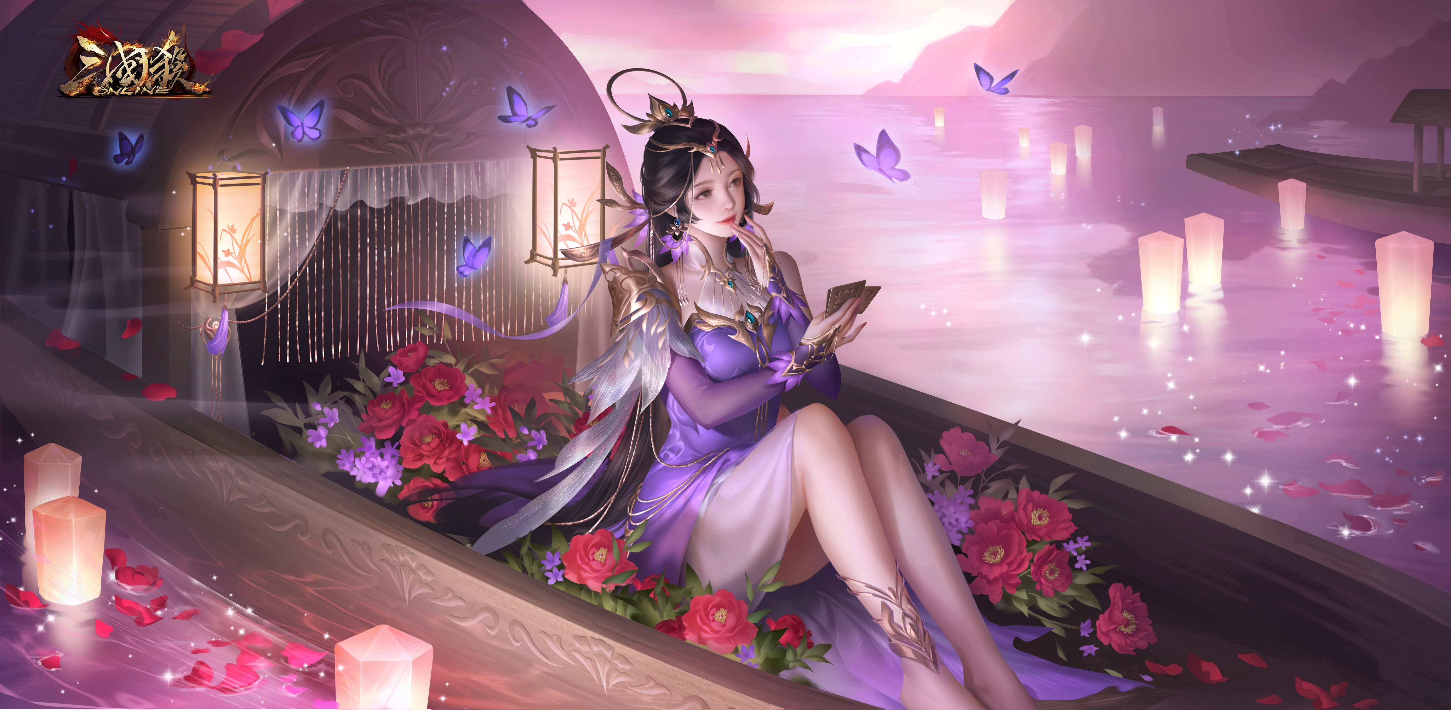 4K Woman in Boat with Flowers and Lanterns HD Wallpaper