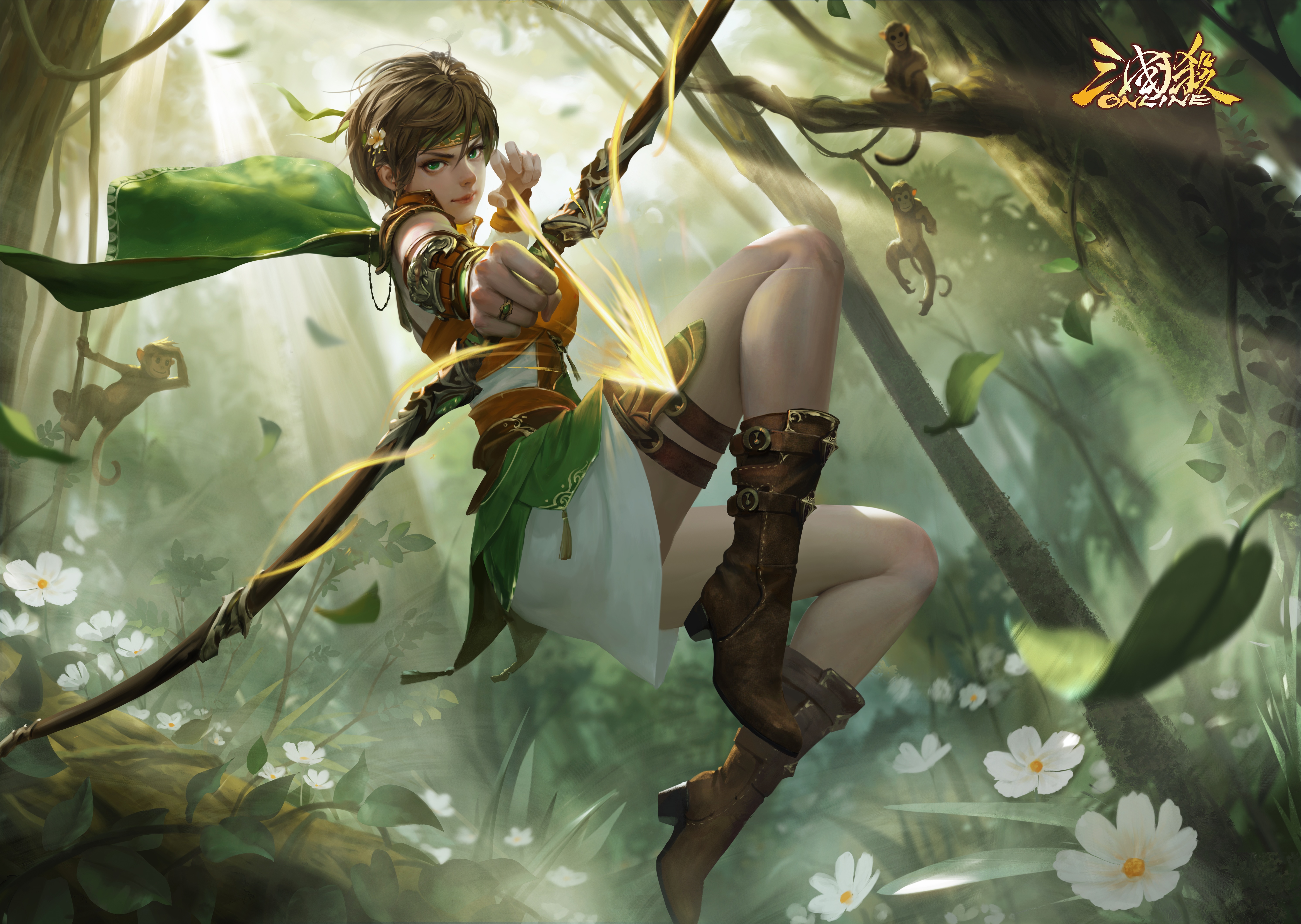 Girl with bow and arrow in a jungle with monkeys HD Wallpaper