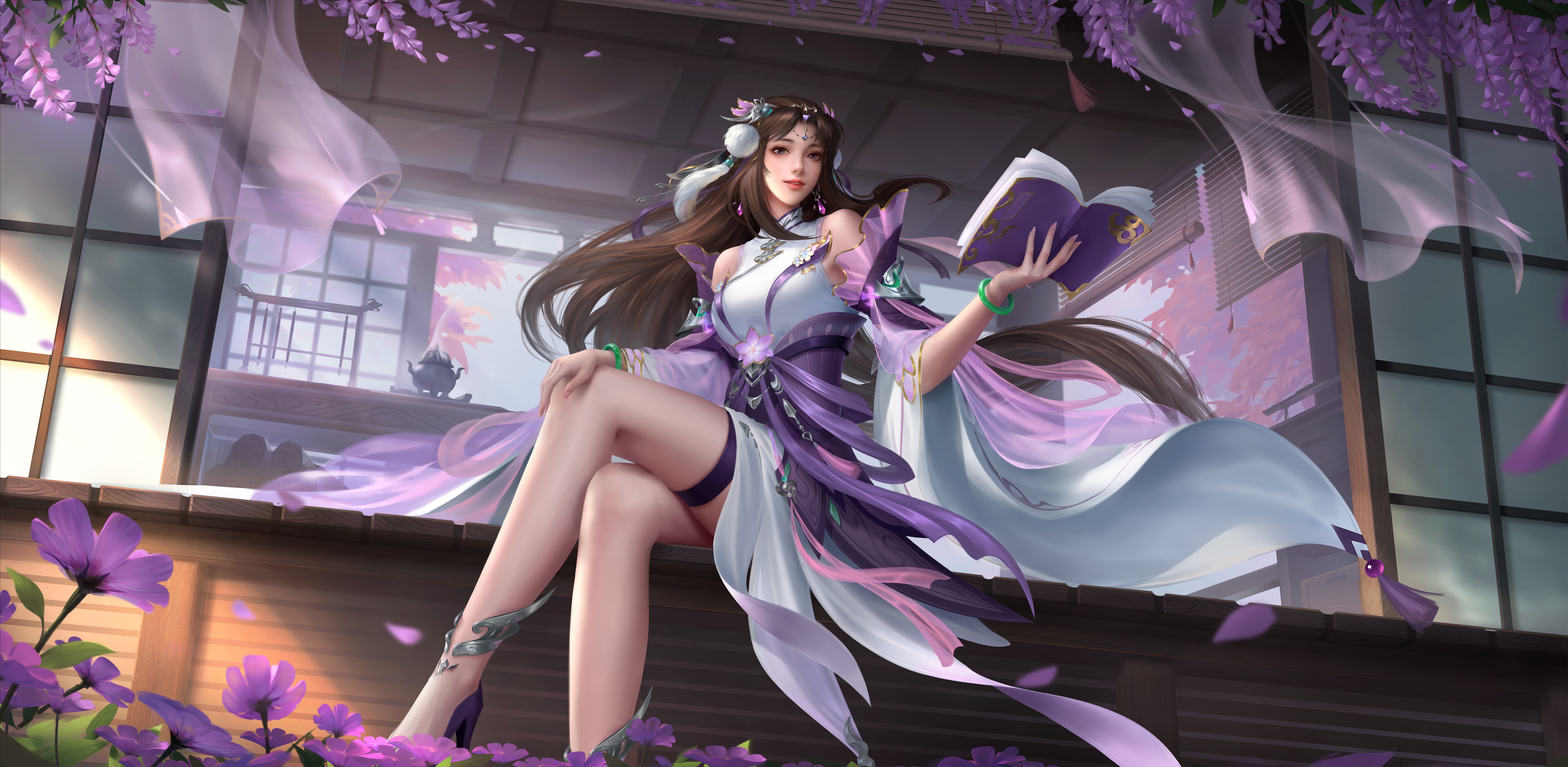 Video game art of a woman reading a book HD Wallpaper