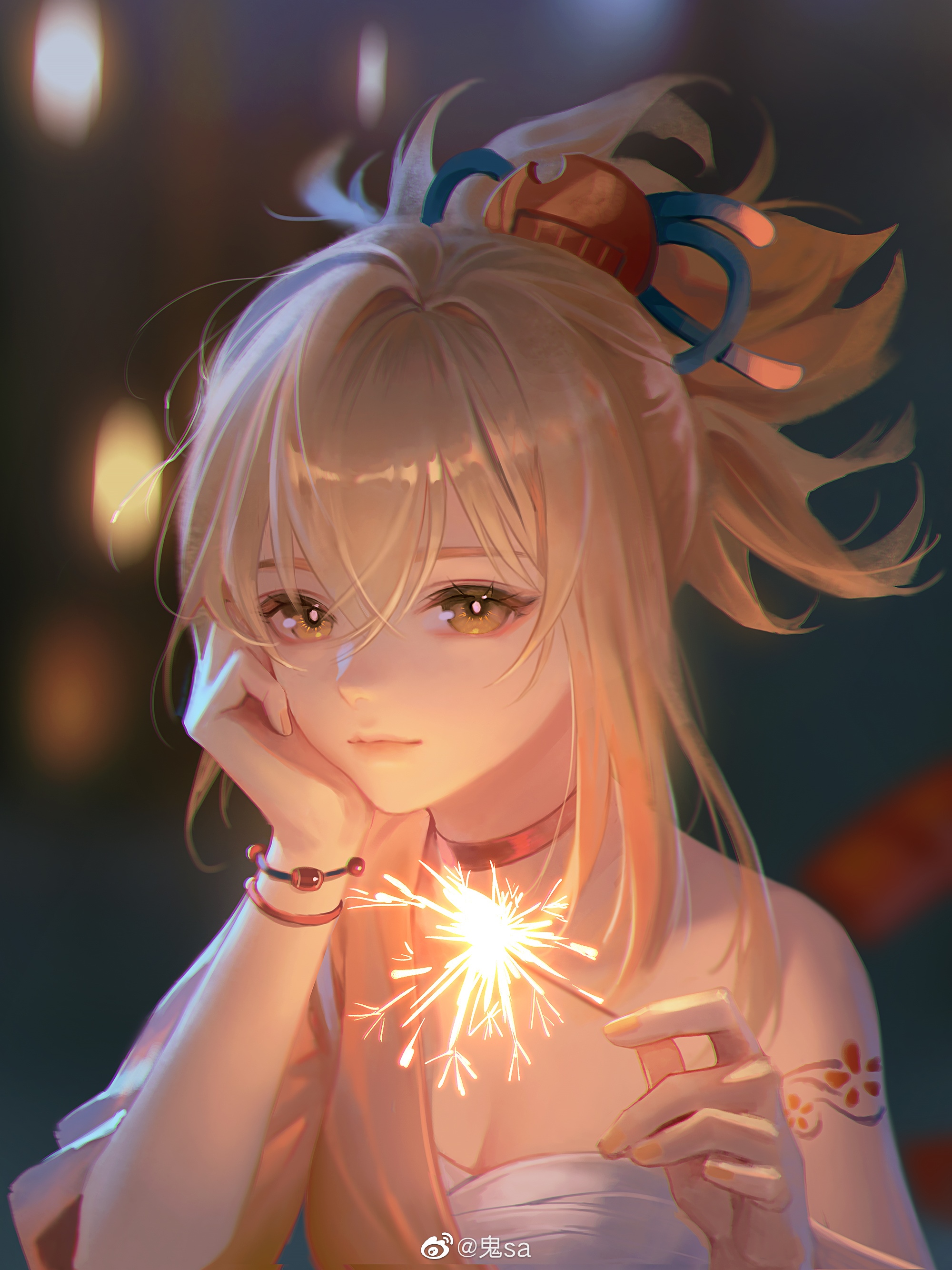 Yoimiya holding a sparkler HD Phone Wallpaper
