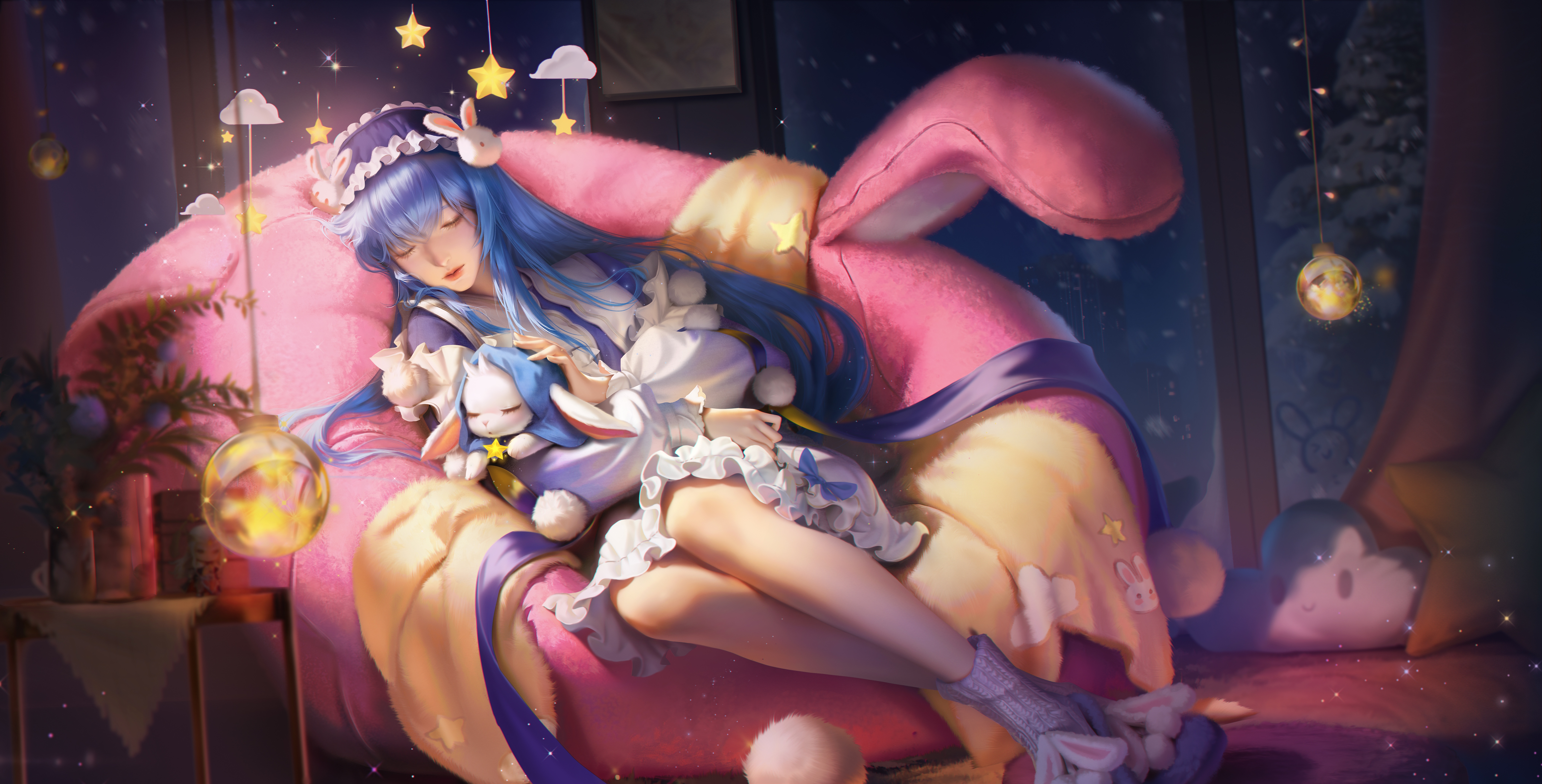 4K Honor of Kings: Blue-haired girl sleeping with creature HD Wallpaper