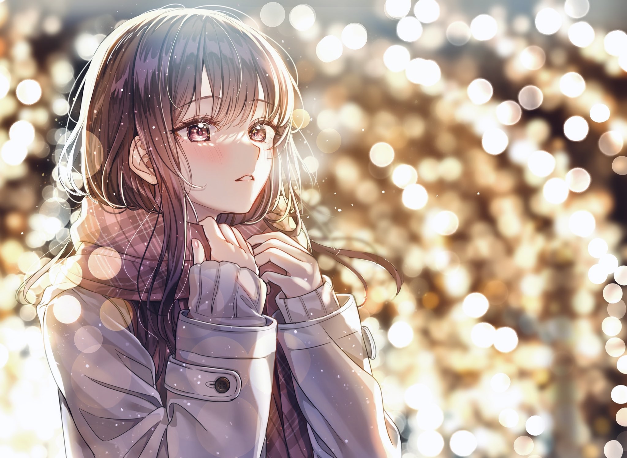 Anime girl with brown hair and scarf HD Wallpaper