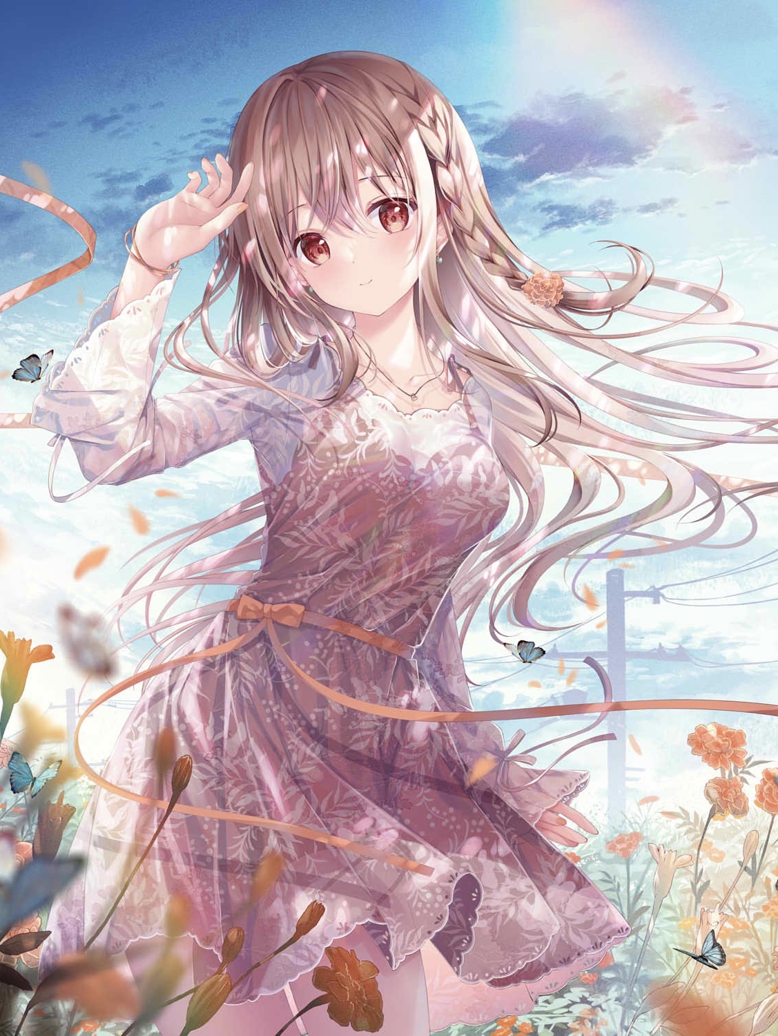 Anime girl with braids and butterflies in a field of flowers HD Phone Wallpaper
