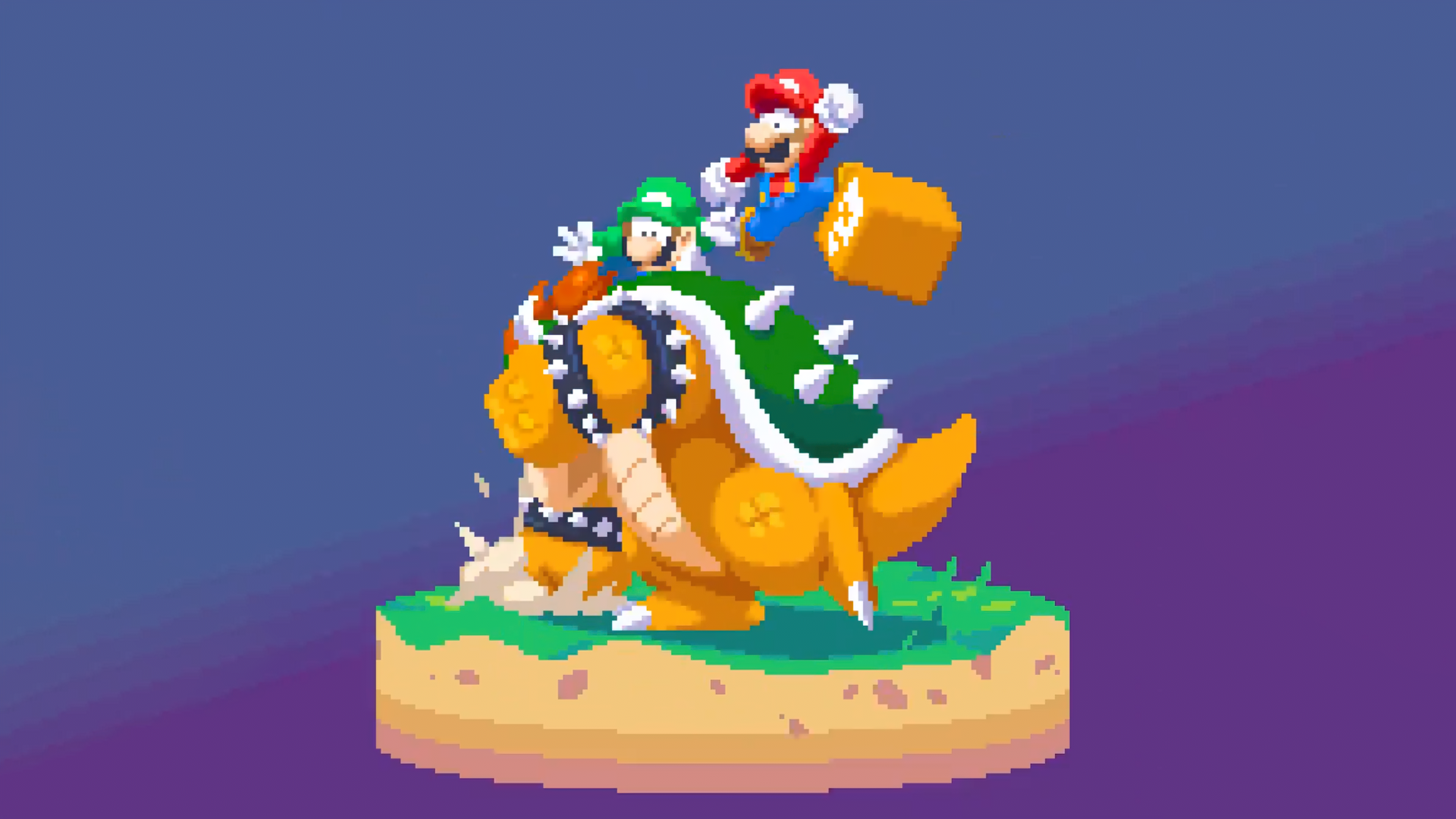 Mario and Luigi riding Bowser in pixel art style HD Wallpaper
