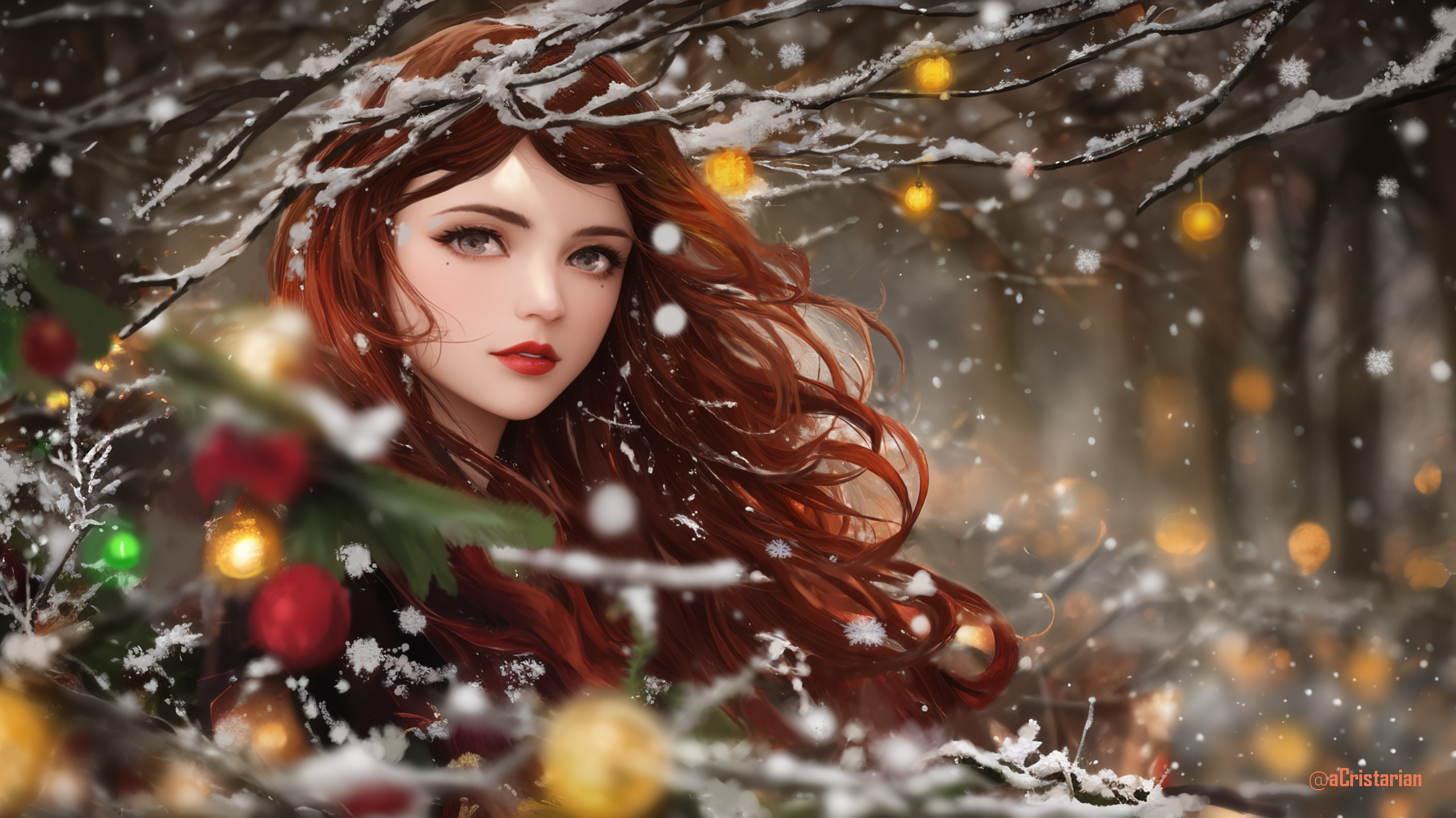 Woman with red hair in snowy forest with Christmas lights HD Wallpaper