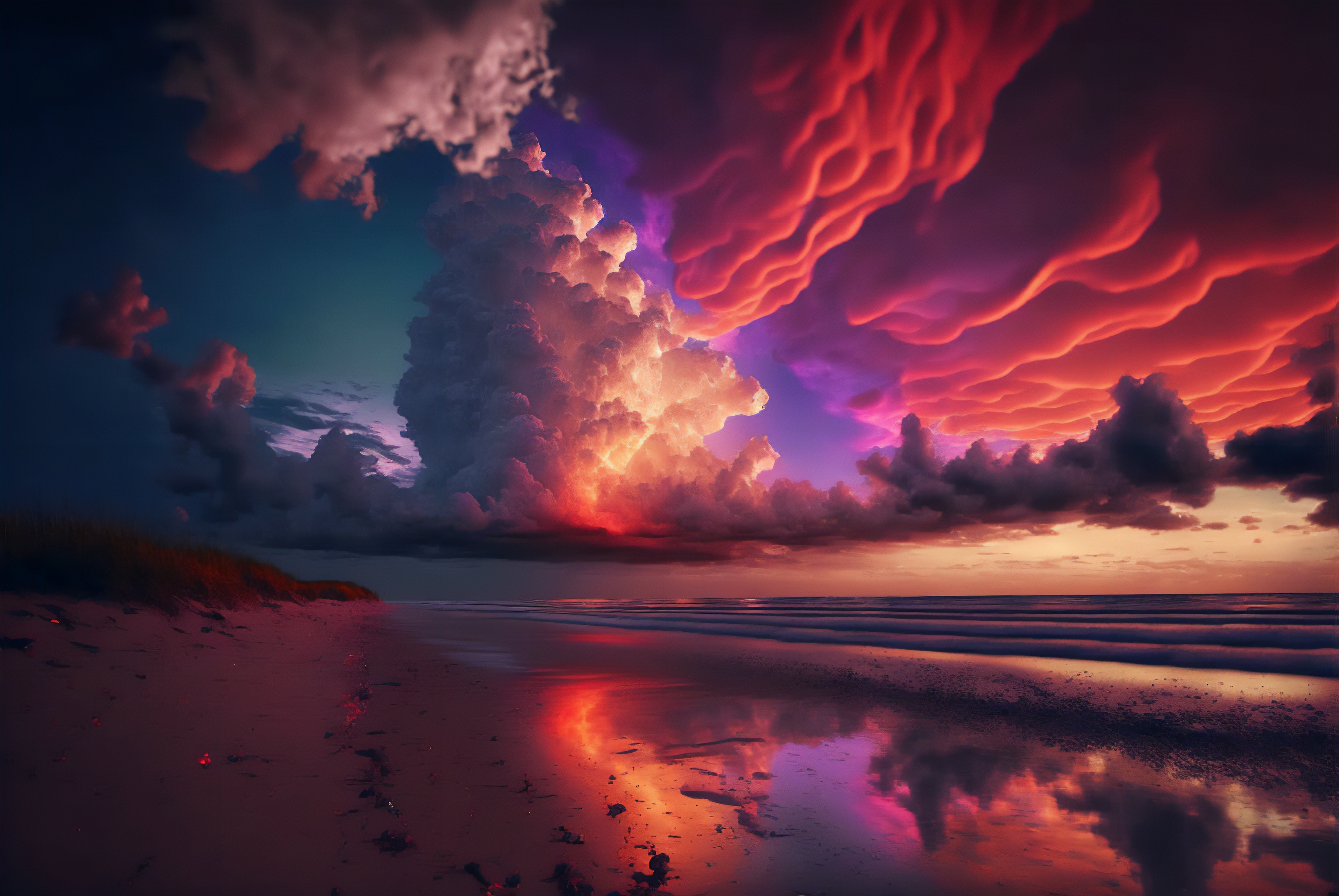 Dramatic sunset clouds over a beach with reflections HD Wallpaper