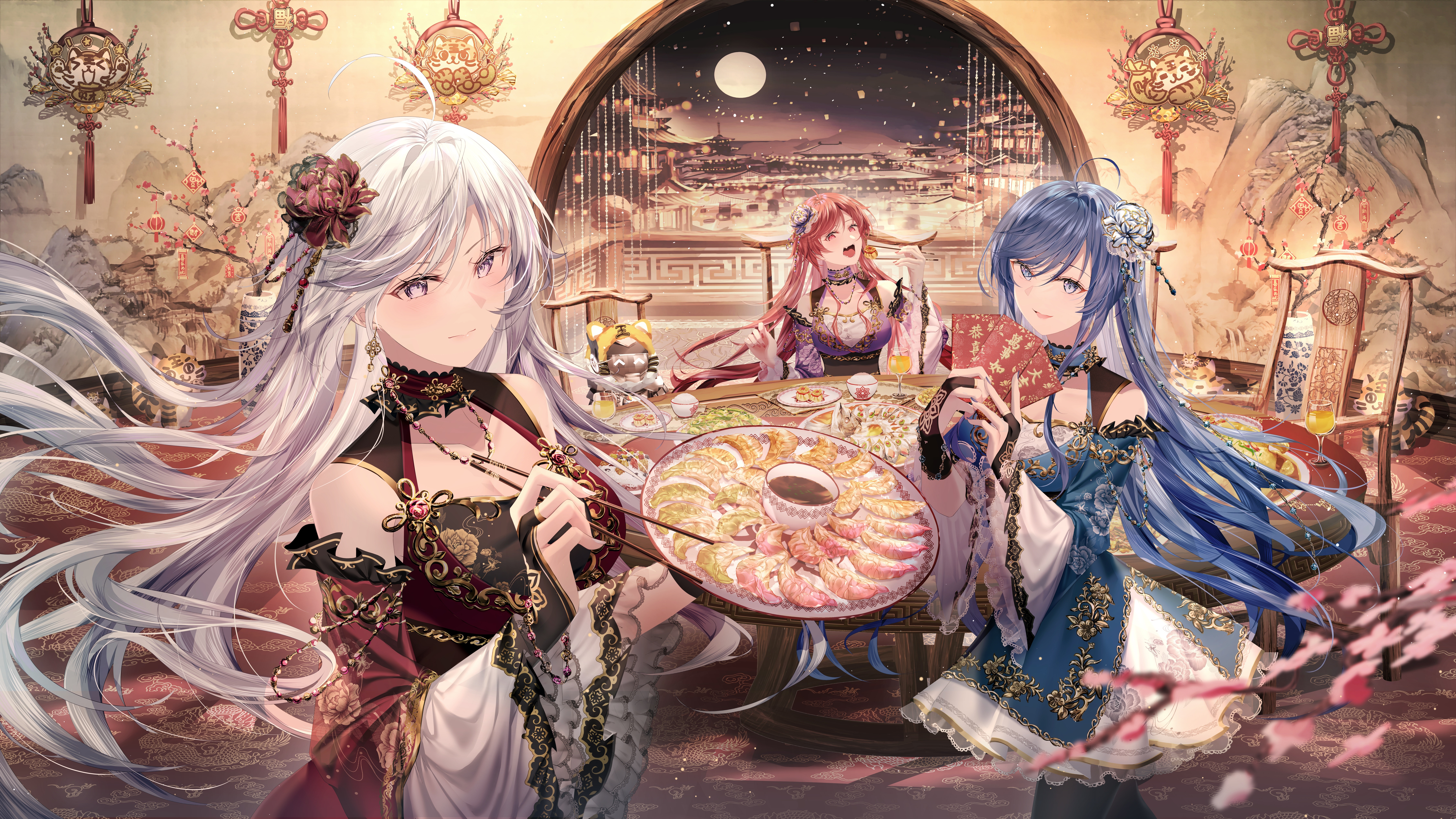 Women trio eating dumplings at a table HD Wallpaper