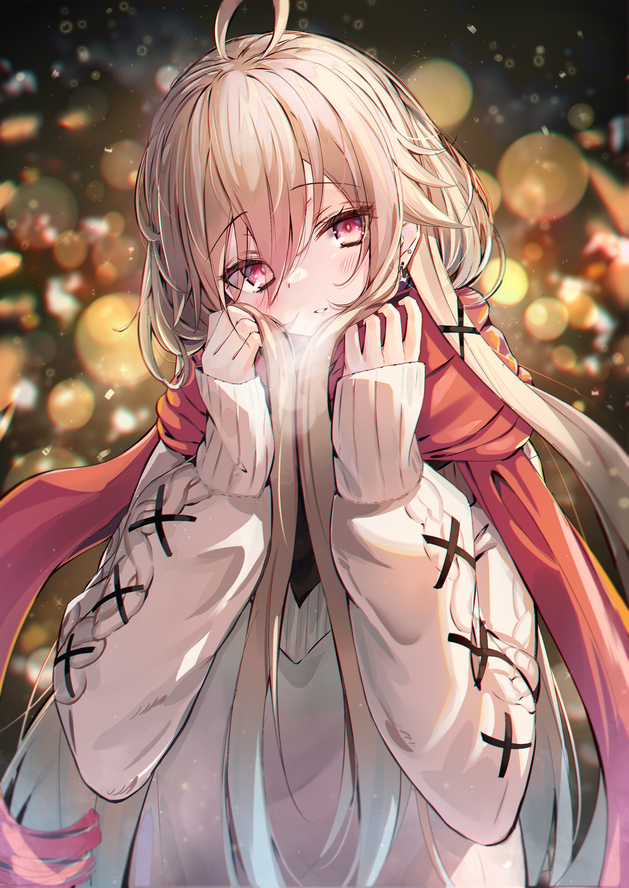 Anime girl with blonde hair and red scarf HD Phone Wallpaper