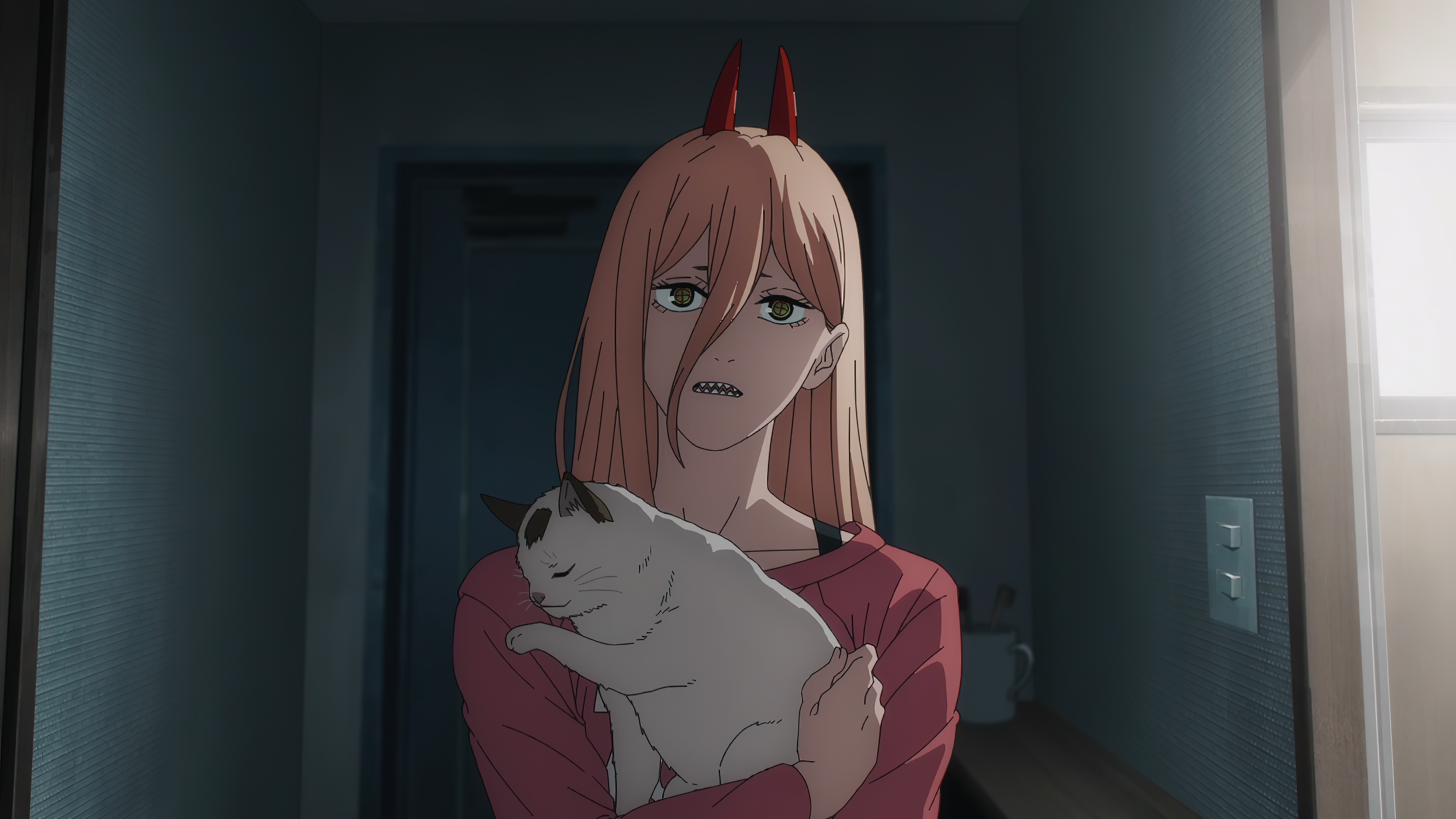 4K Anime screenshot of Power holding a cat HD Wallpaper