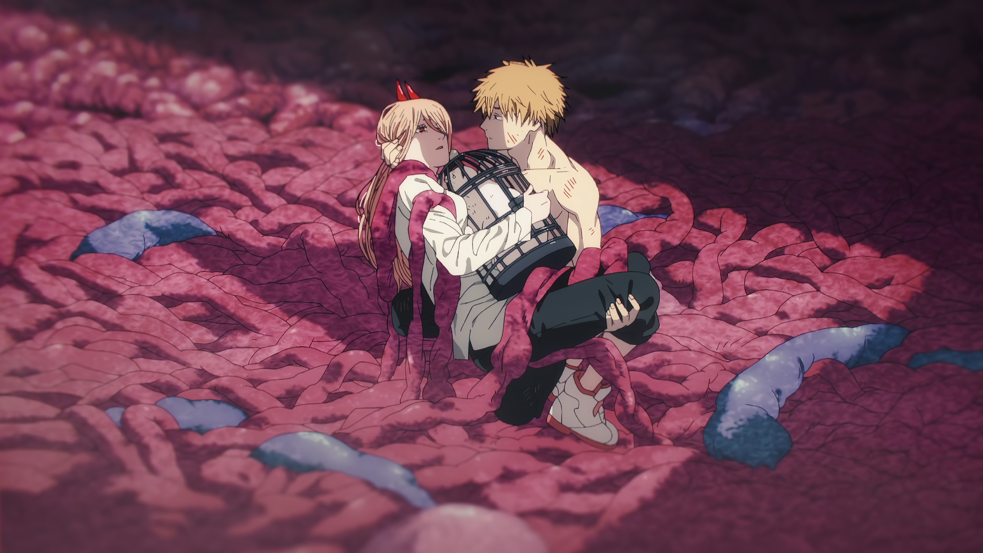 Chainsaw Man: Denji and Power in a fleshy environment HD Wallpaper