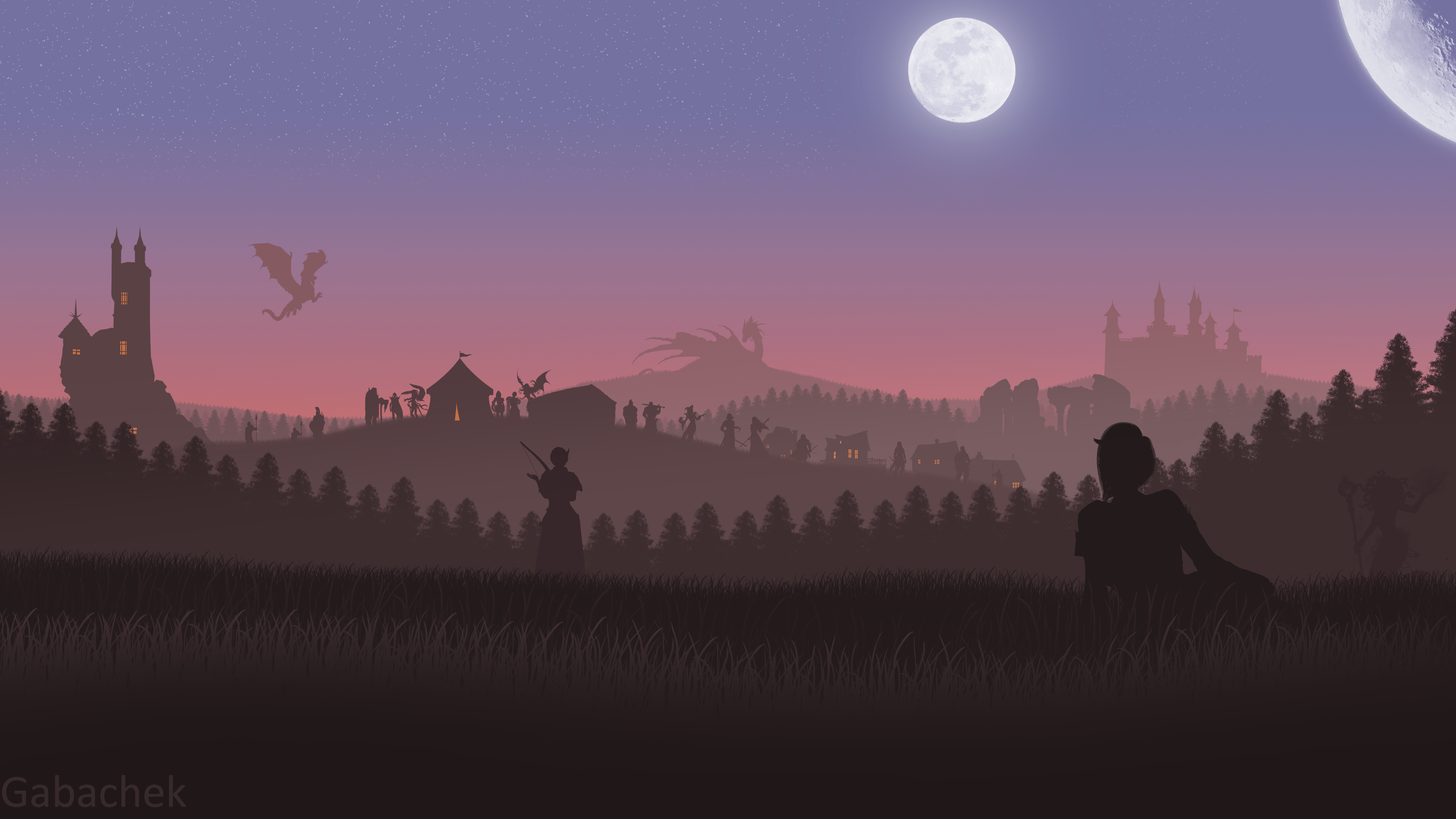 Fantasy landscape with castles, dragons, and people HD Wallpaper