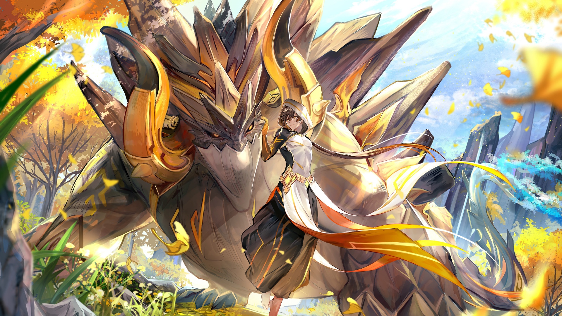 Genshin Impact: Zhongli and Azhdaha in Autumn HD Wallpaper