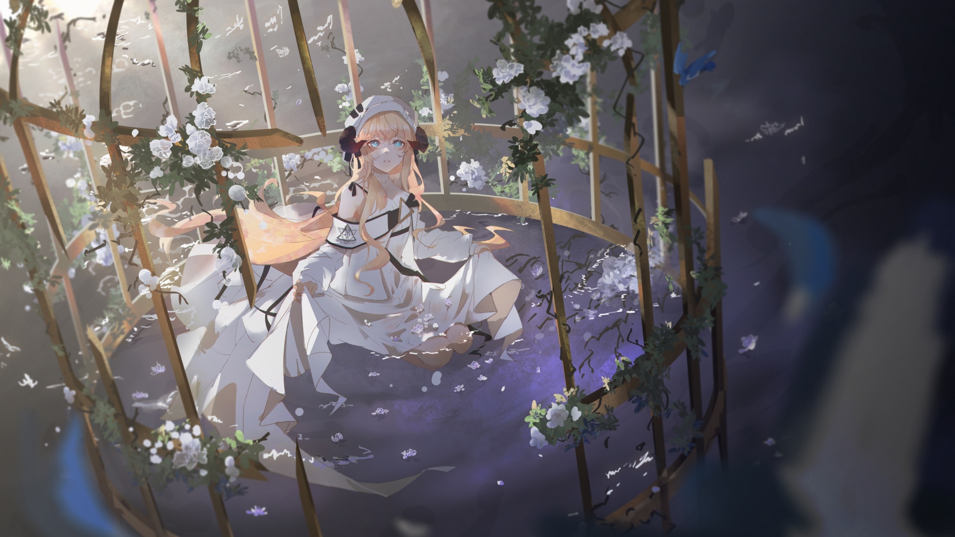 Nightingale in a birdcage with white flowers HD Wallpaper