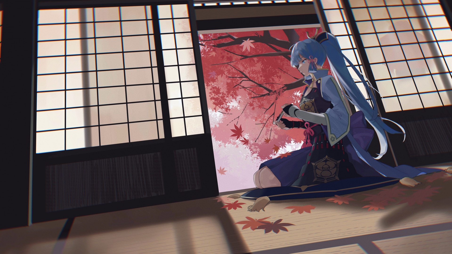 Kamisato Ayaka kneeling by a window with autumn leaves HD Wallpaper