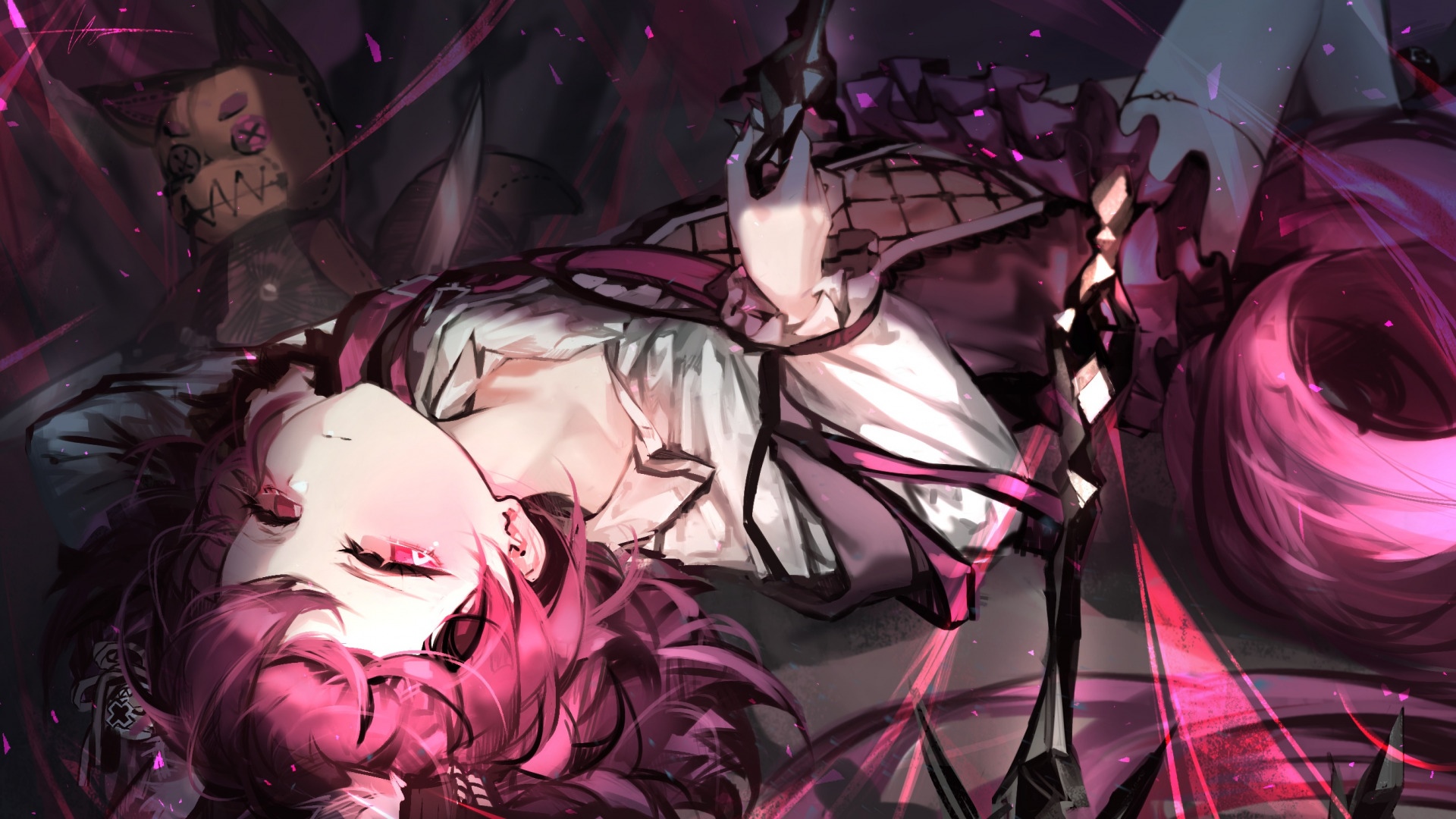 Shamare from Arknights lying down with a doll HD Wallpaper