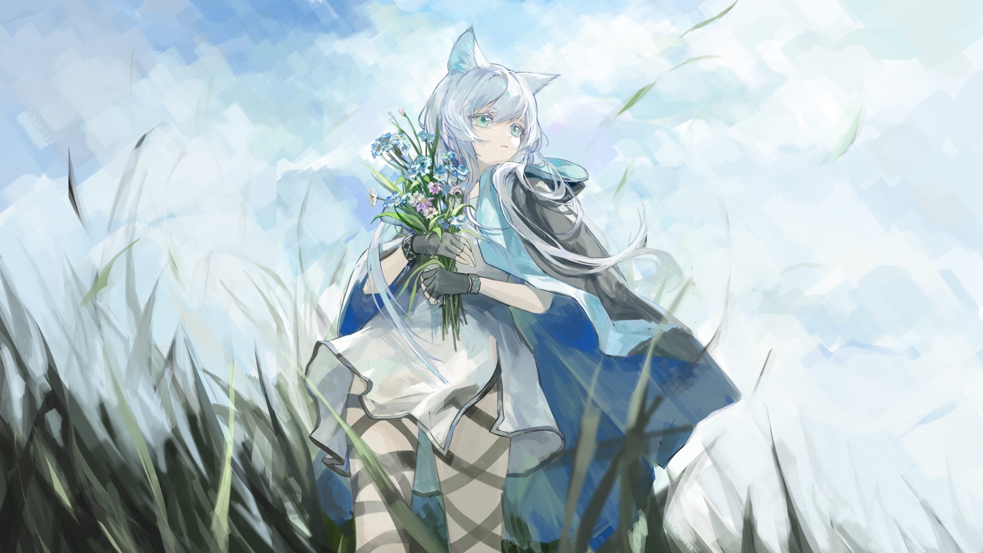 Rosmontis from Arknights holding flowers in a field HD Wallpaper