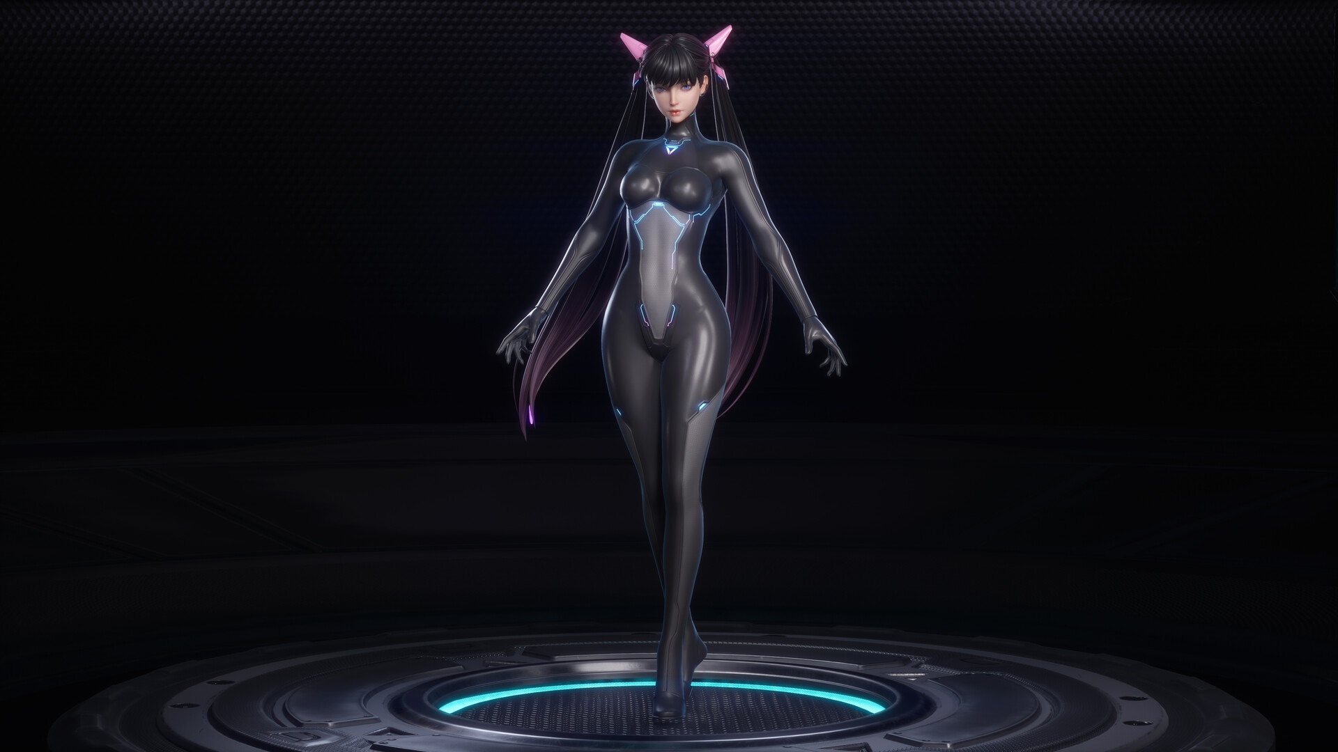 JiaNan in a black cyberpunk bodysuit with pink cat ears HD Wallpaper