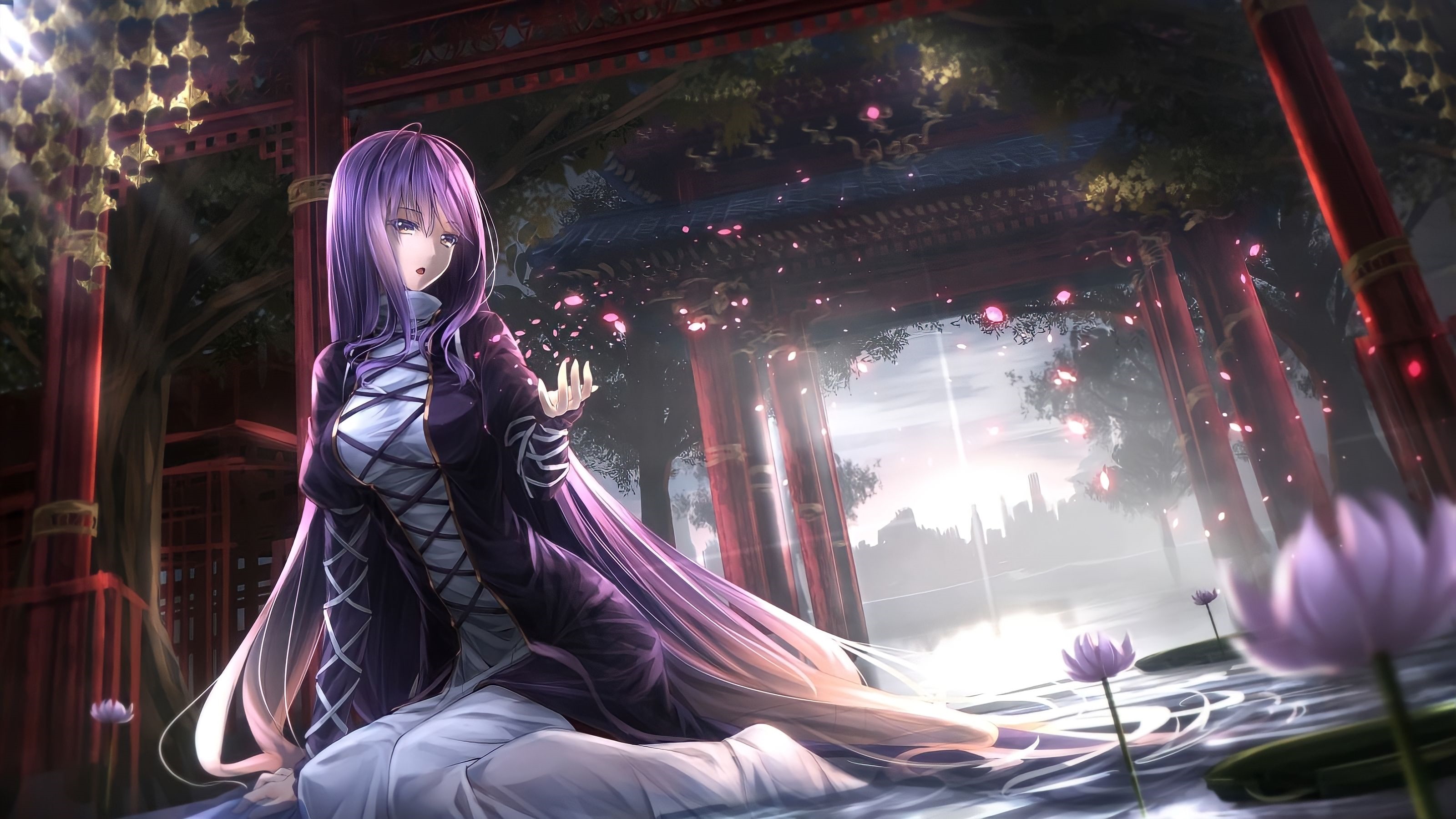 Hijiri Byakuren in a Japanese garden with lotus flowers HD Wallpaper