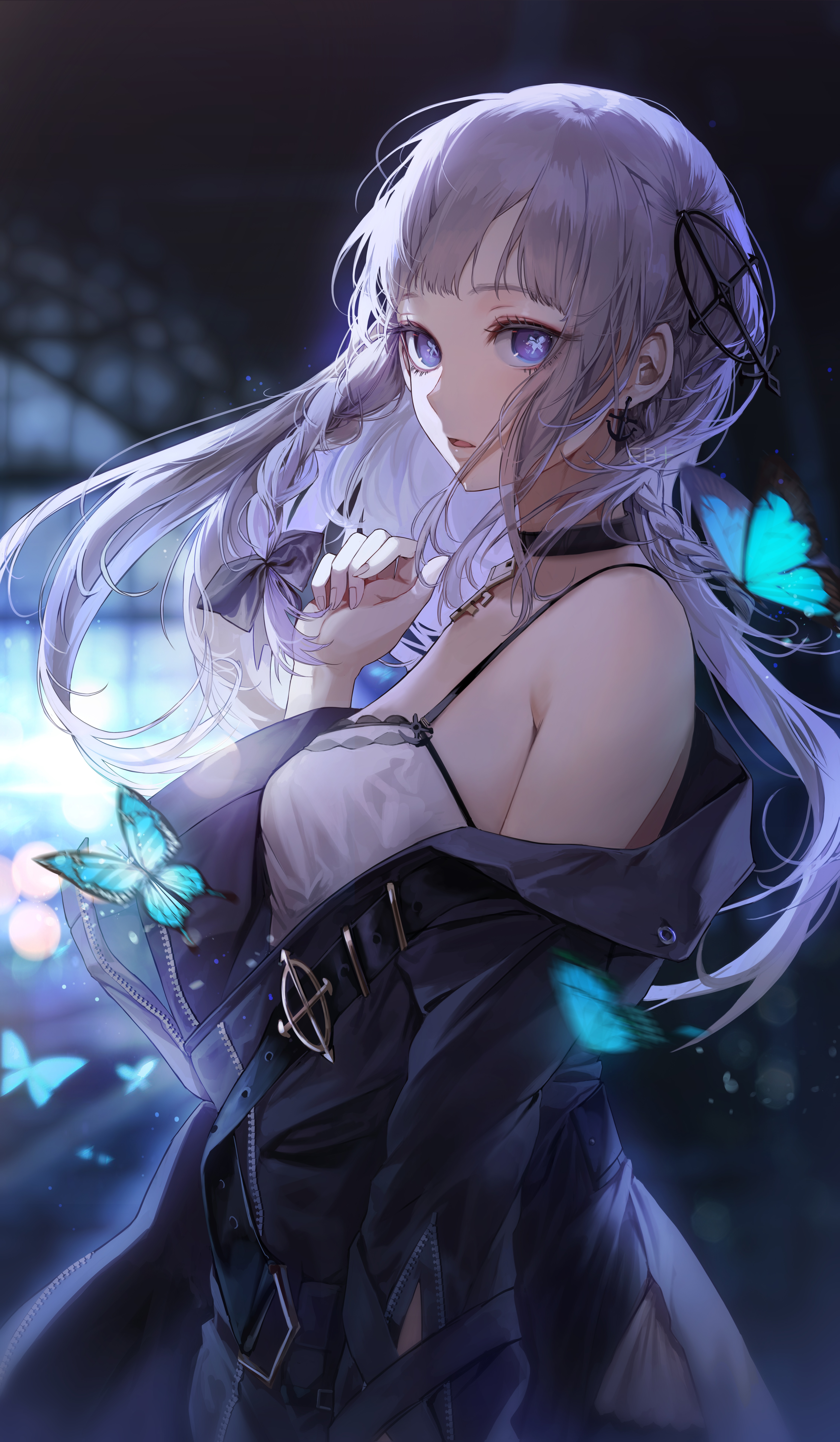 Anime girl with braids and butterflies HD Phone Wallpaper