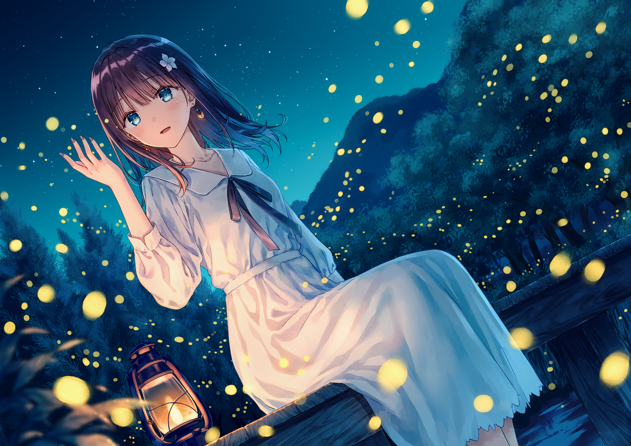 Anime girl with flower in hair at night with fireflies HD Wallpaper