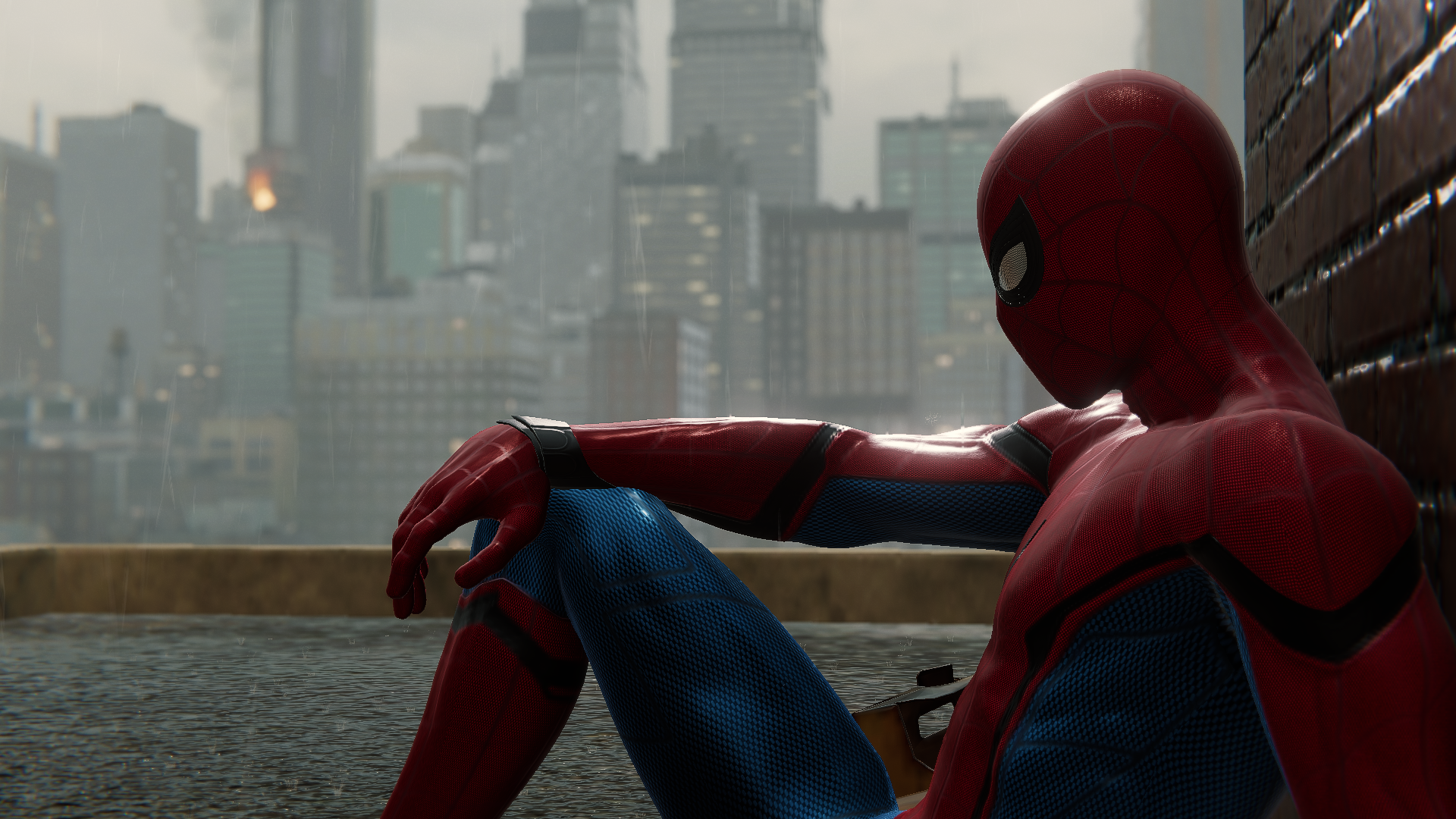 Spider-Man sitting on a rooftop in the rain HD Wallpaper